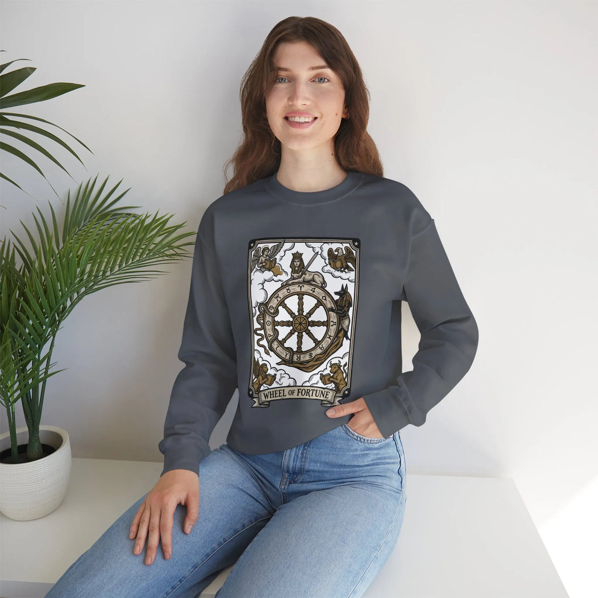 Wheel of Fortune Tarot Card Sweatshirt - Heavy Blend Crewneck Fleece - Unisex White