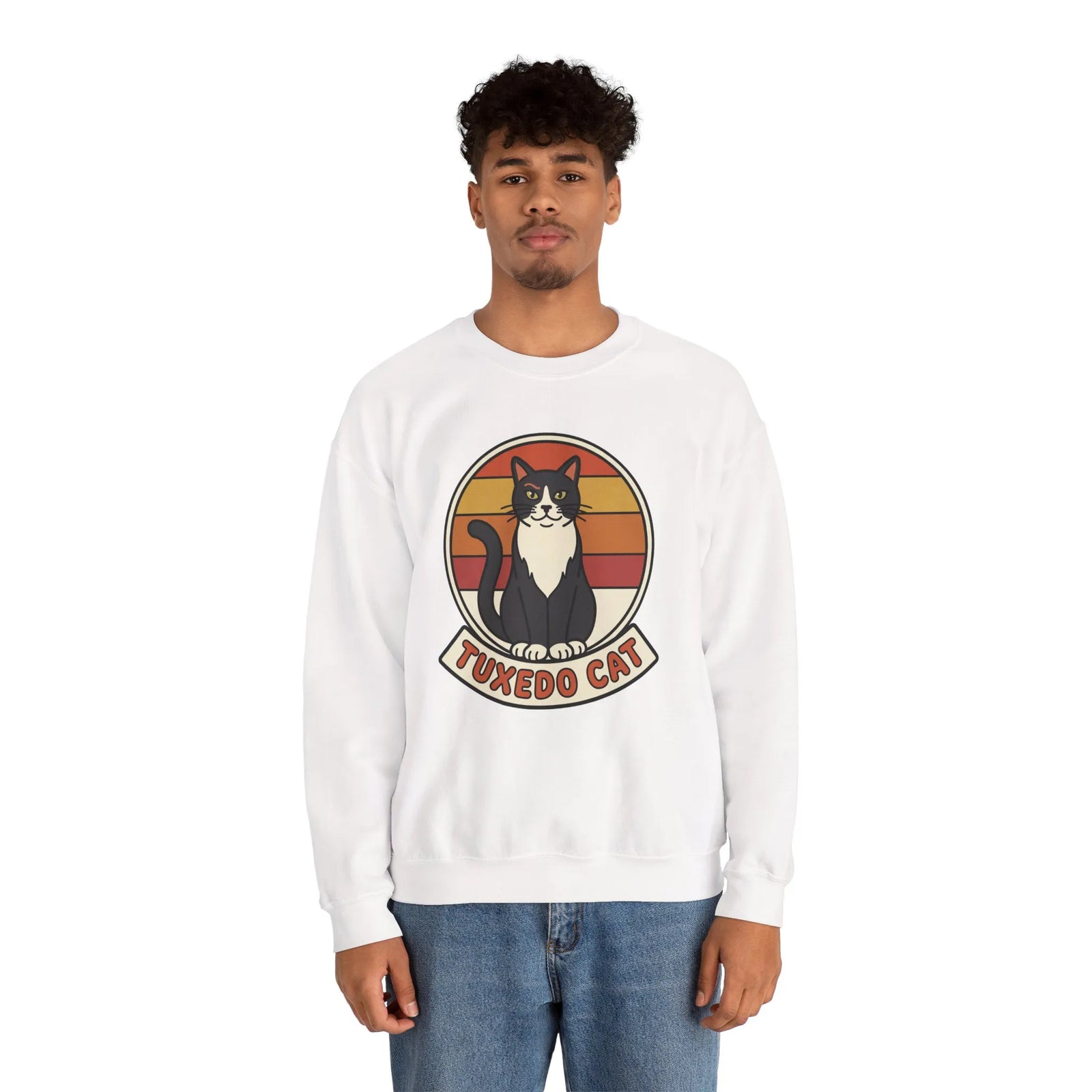 Tuxedo Cat Retro Sunset Sweatshirt - Heavy Blend Fleece Crewneck - Unisex Ash