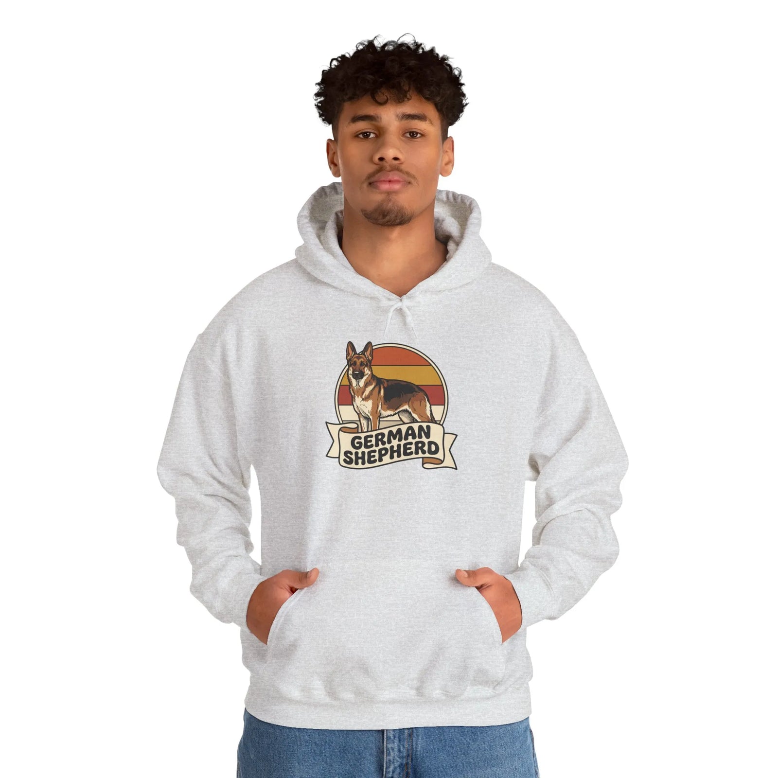 German Shepherd Retro Sunset Hoodie - Soft Cotton-Poly Blend Fleece - Unisex White