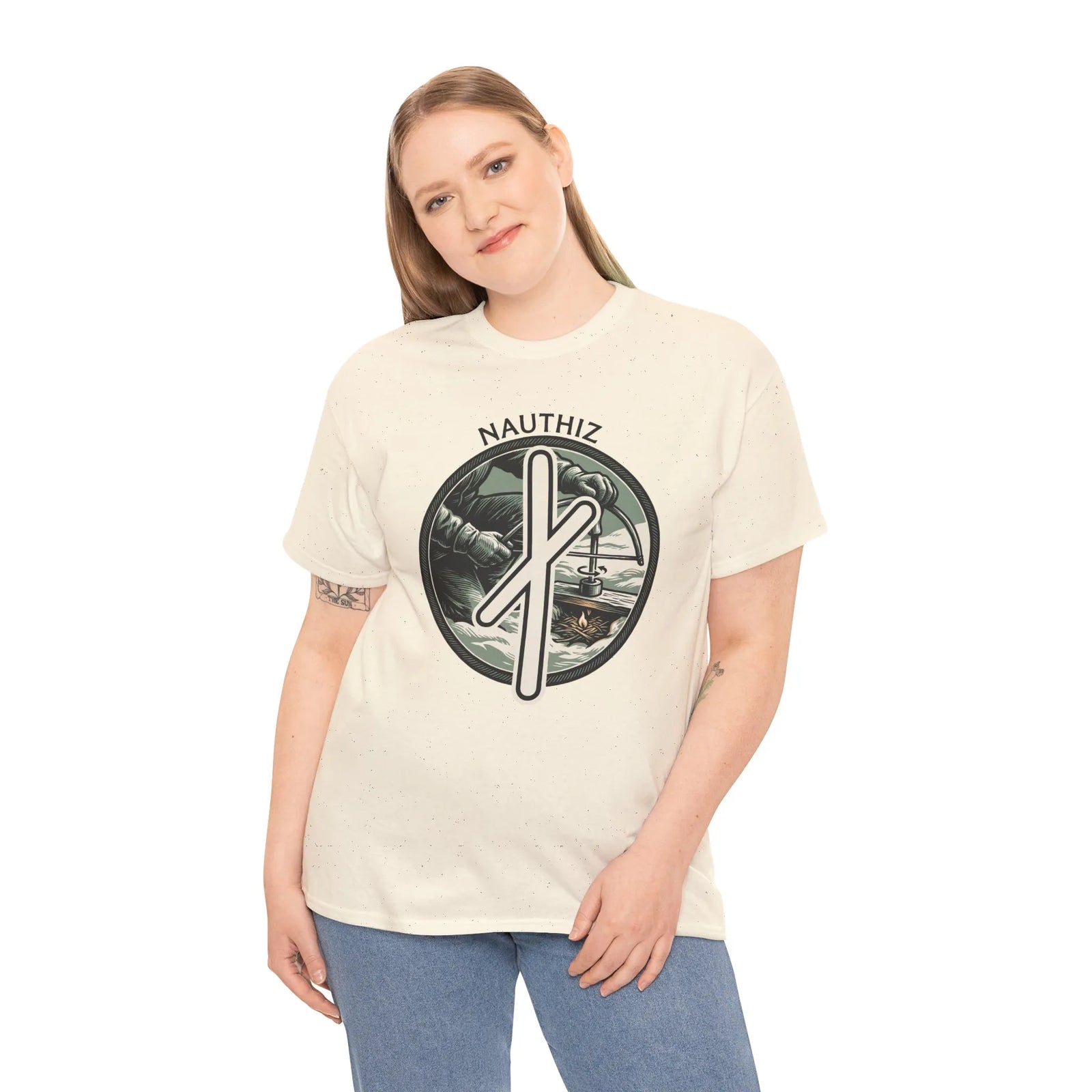 Nauthiz Rune Need Fire T-Shirt - Heavyweight Classic Fit Cotton Tee - Unisex White