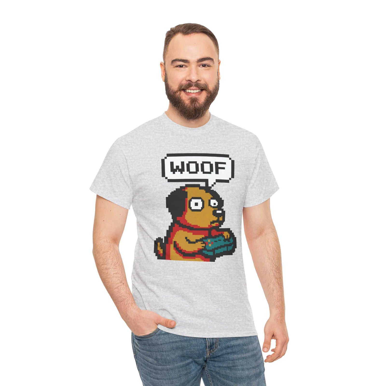 8-Bit Pixel Gaming Dog T-Shirt - Heavy Cotton Classic Fit Tee - Unisex White