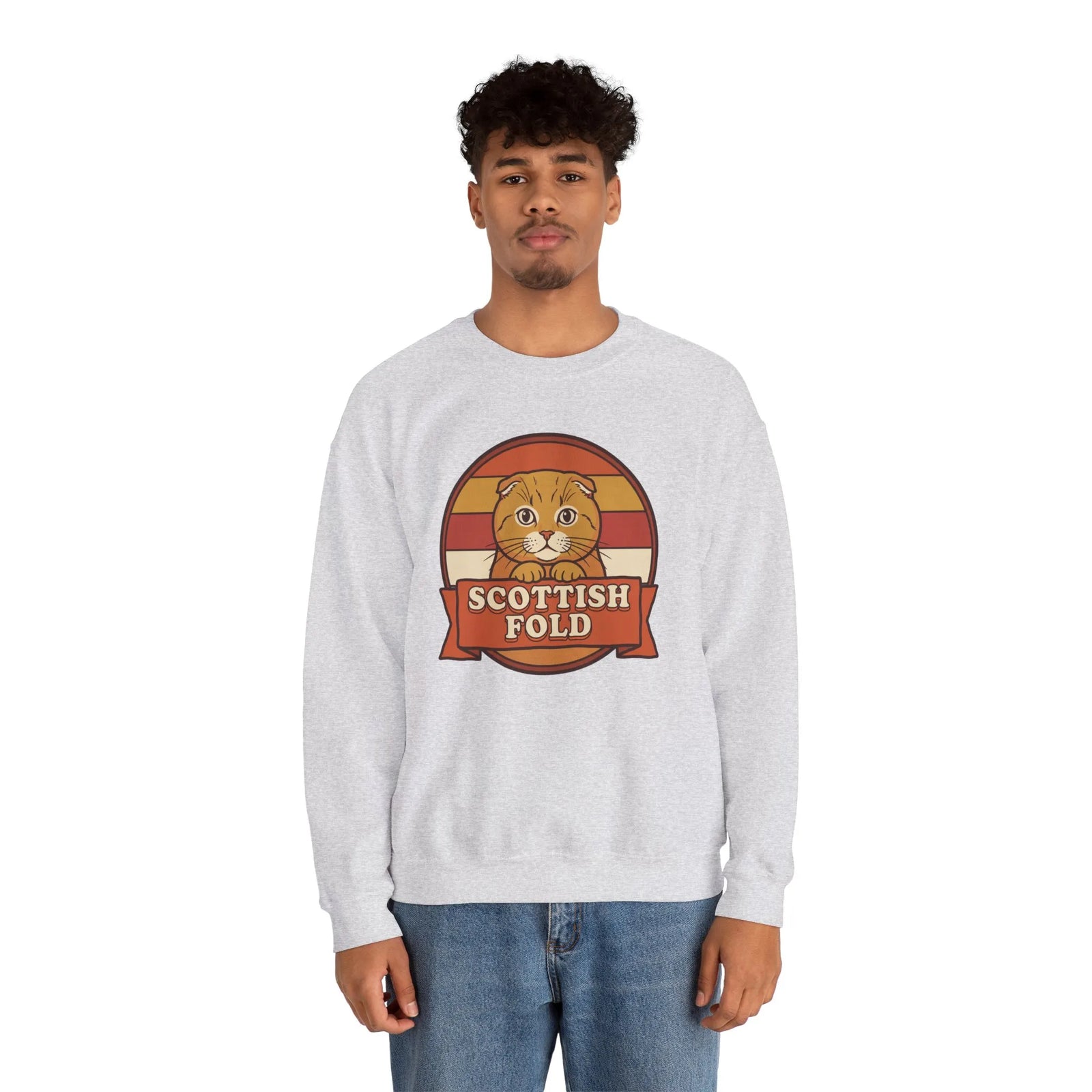 Scottish Fold Retro Sunset Sweatshirt - Heavyweight Cotton Blend Crewneck - Unisex White
