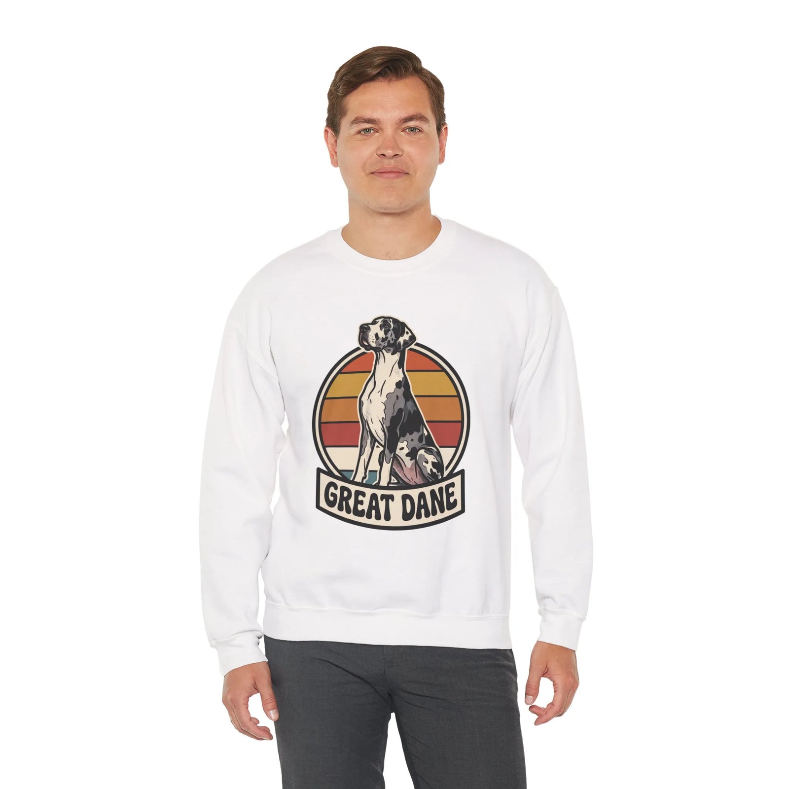 Great Dane Retro Sunset Breeds Sweatshirt - Heavy Blend Crewneck 50/50 Cotton Poly - Unisex White