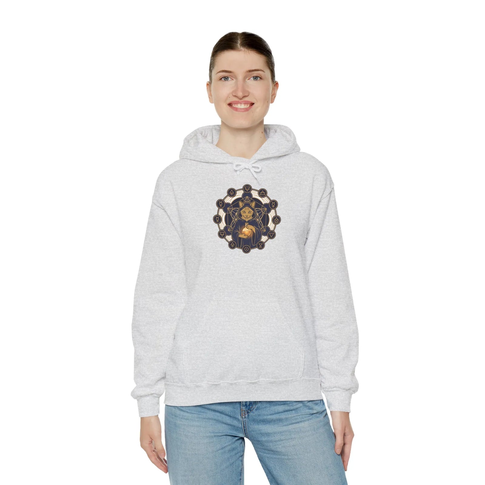 Alchemist Cat Sacred Geometry Hoodie - Soft Heavy Blend Pullover - Unisex White