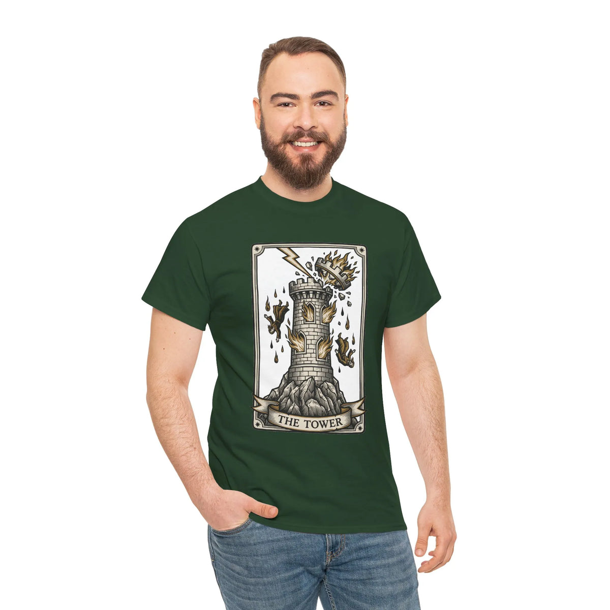 The Tower Tarot Card Graphic T-Shirt - Heavy Cotton Classic Fit Tee - Unisex White
