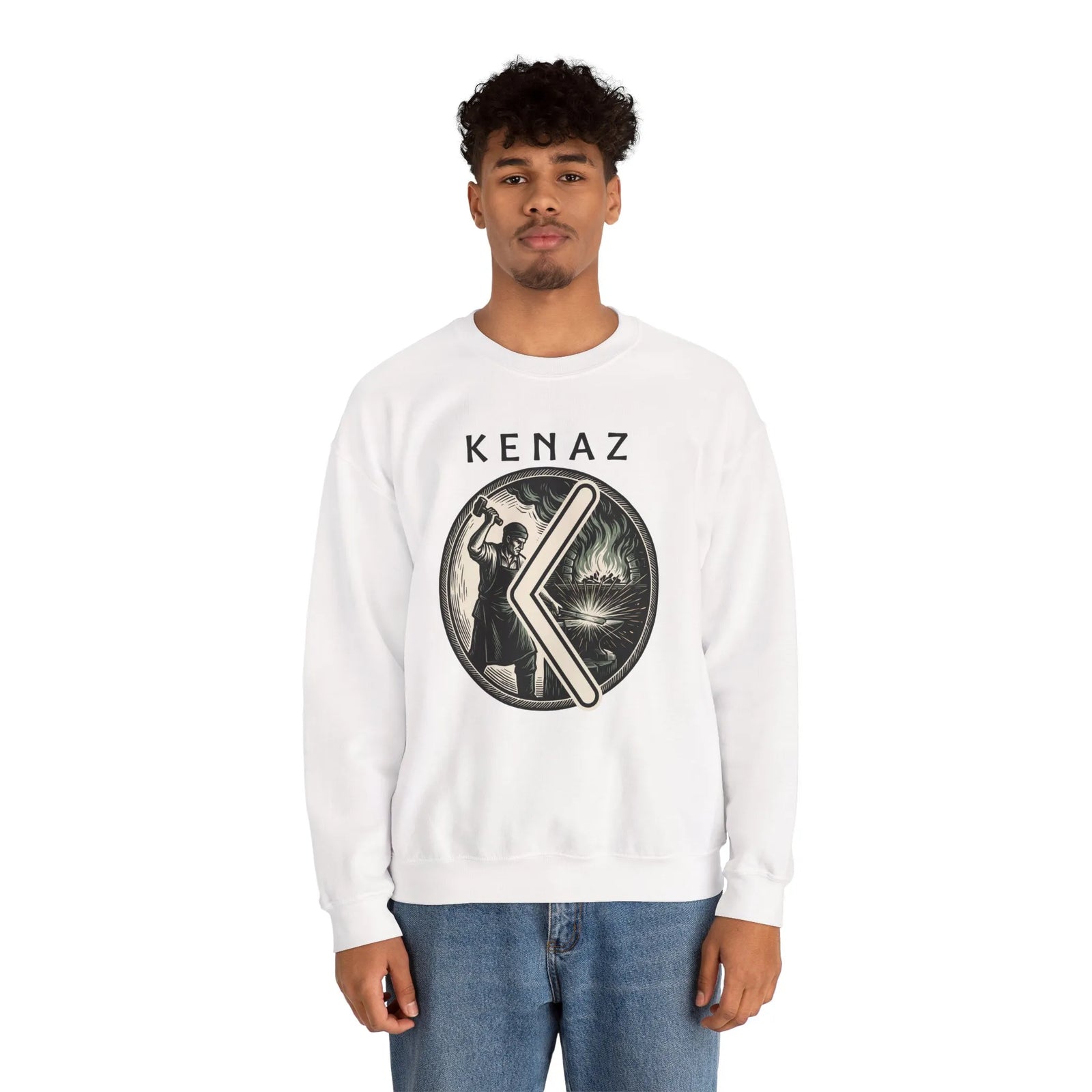 Kenaz Rune Blacksmith Forge Sweatshirt - Soft Cotton Blend Crewneck Fleece - Unisex White
