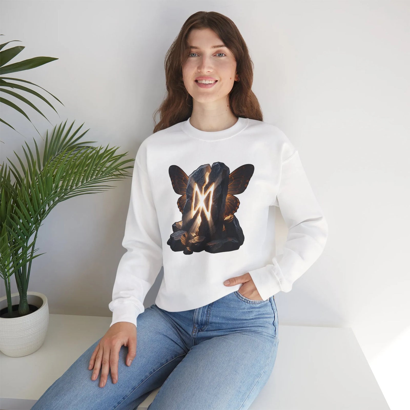 Dagaz Rune Stone Butterfly Sweatshirt - Heavy Blend Cotton Poly Crewneck - Unisex Off-White