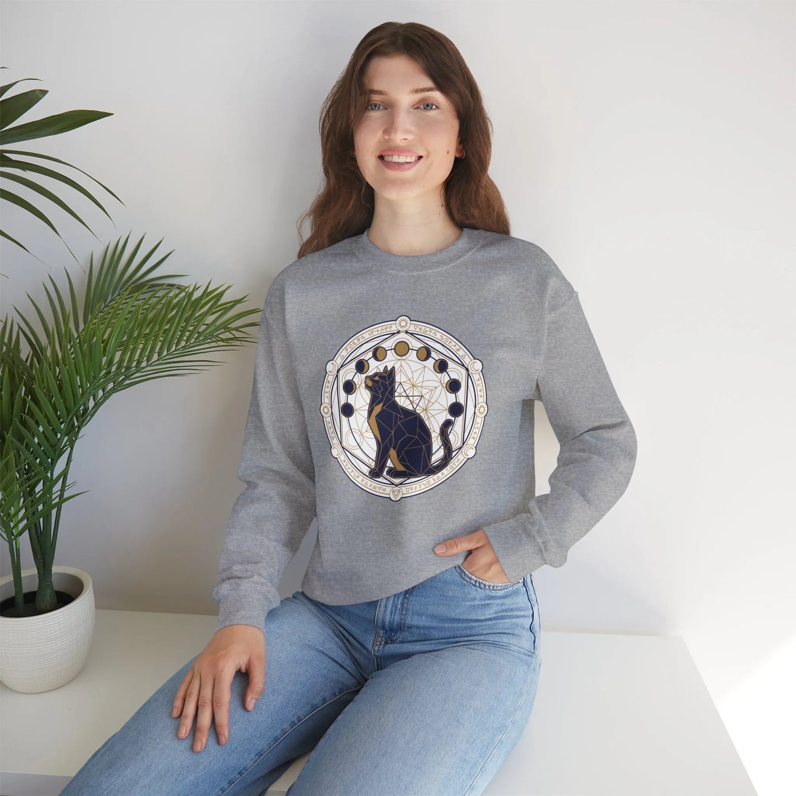 Moon Phases Sacred Geometry Cat Sweatshirt - Heavy Blend Cotton Polyester Crewneck - Unisex White
