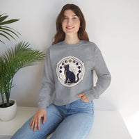 Moon Phases Sacred Geometry Cat Sweatshirt - Heavy Blend Cotton Polyester Crewneck - Unisex White