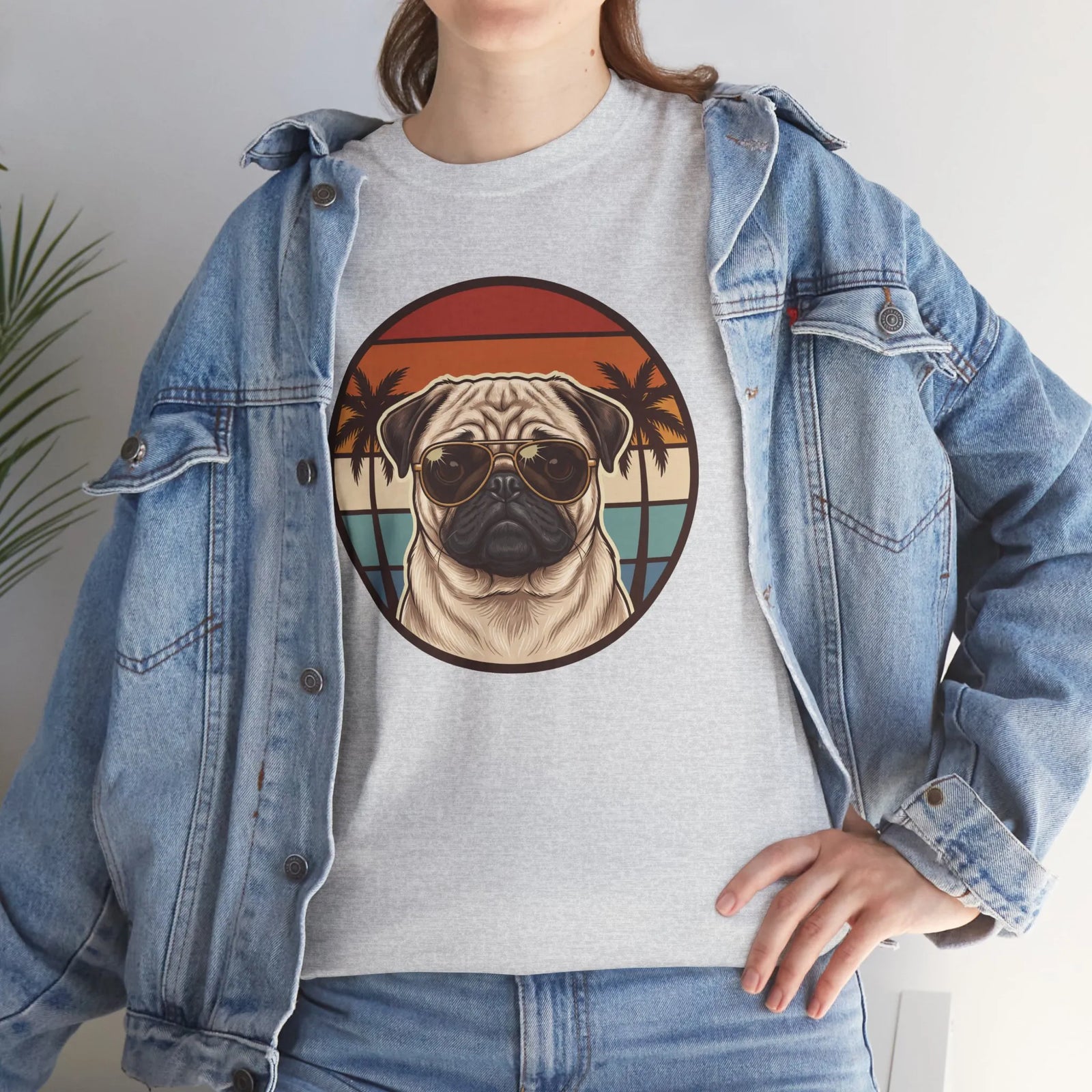 Pug Aviator 70s Sunset Graphic T-Shirt - Heavyweight Cotton Classic Fit Tee - Unisex White