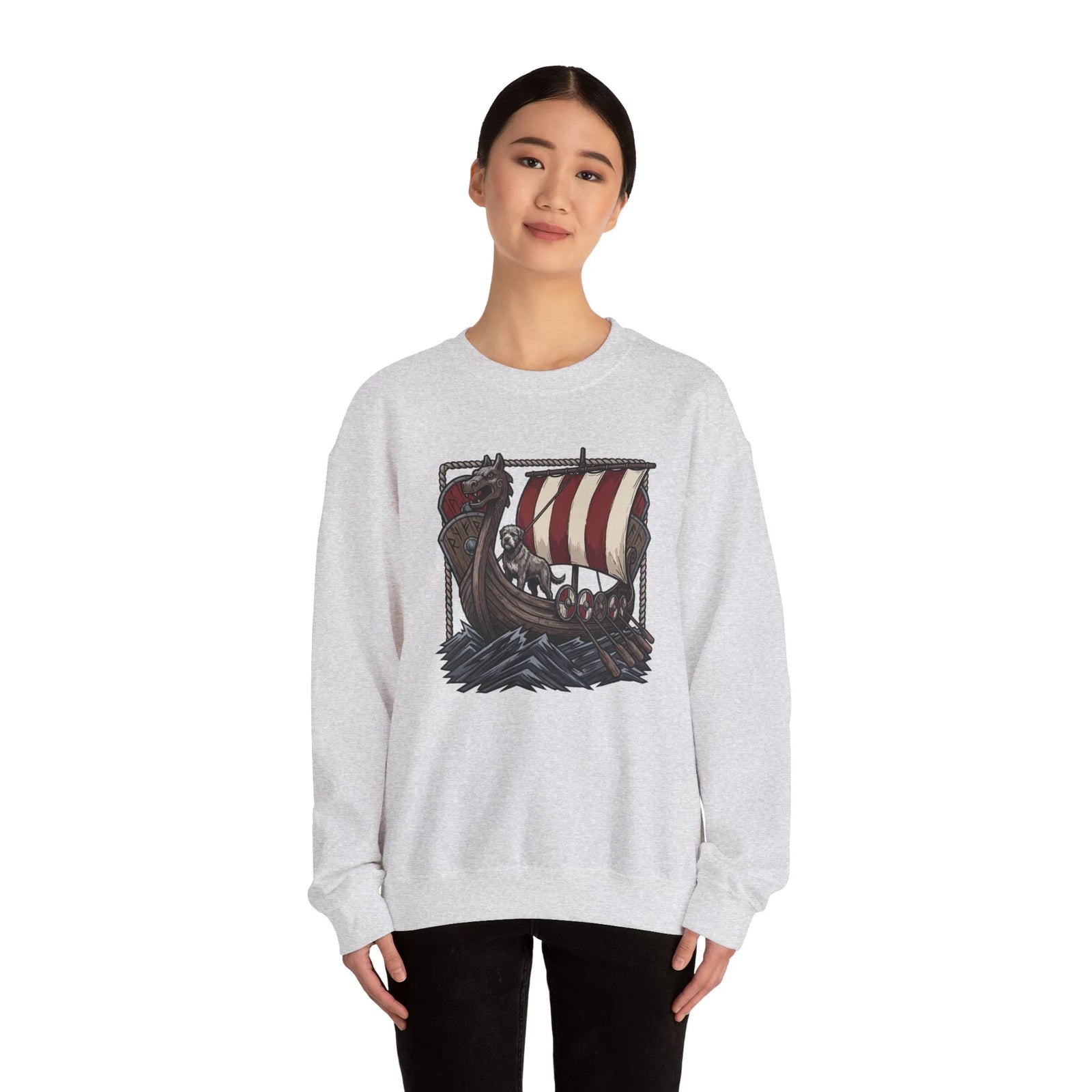 Viking Berserker Dogs Longship Prow Sweatshirt - Heavy Blend Cotton Poly Crewneck - Unisex White