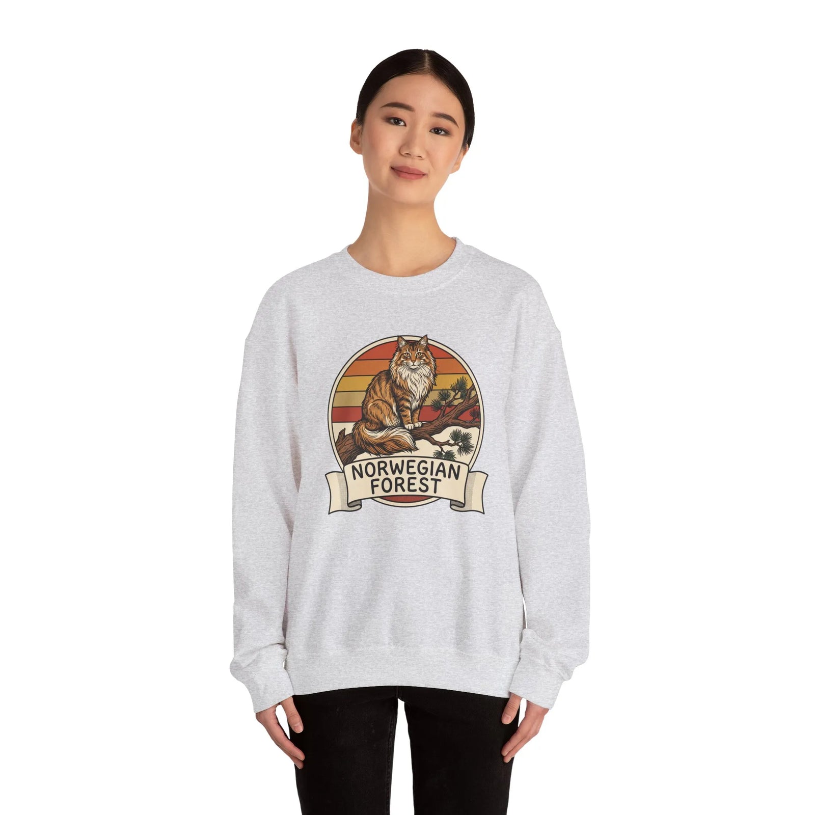 Norwegian Forest Cat Retro Sunset Sweatshirt - Heavy Blend Fleece Crewneck - Unisex White