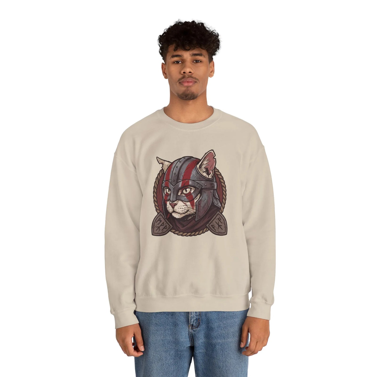 Viking Berserker Cat Graphic Sweatshirt - Heavy Blend Fleece Crewneck - Unisex White