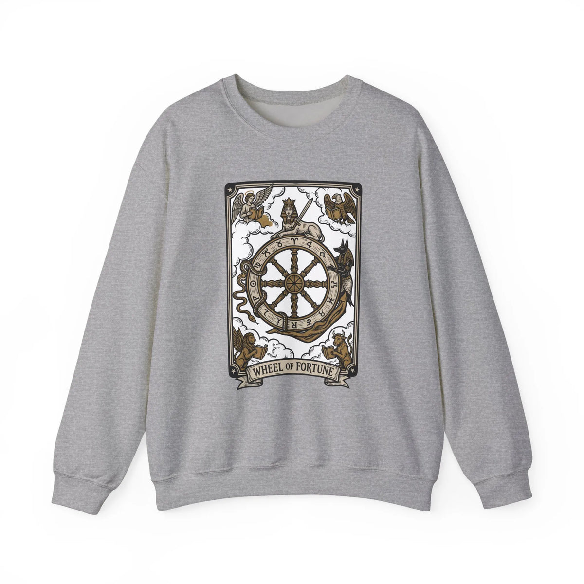 Wheel of Fortune Tarot Card Sweatshirt - Heavy Blend Crewneck Fleece - Unisex White