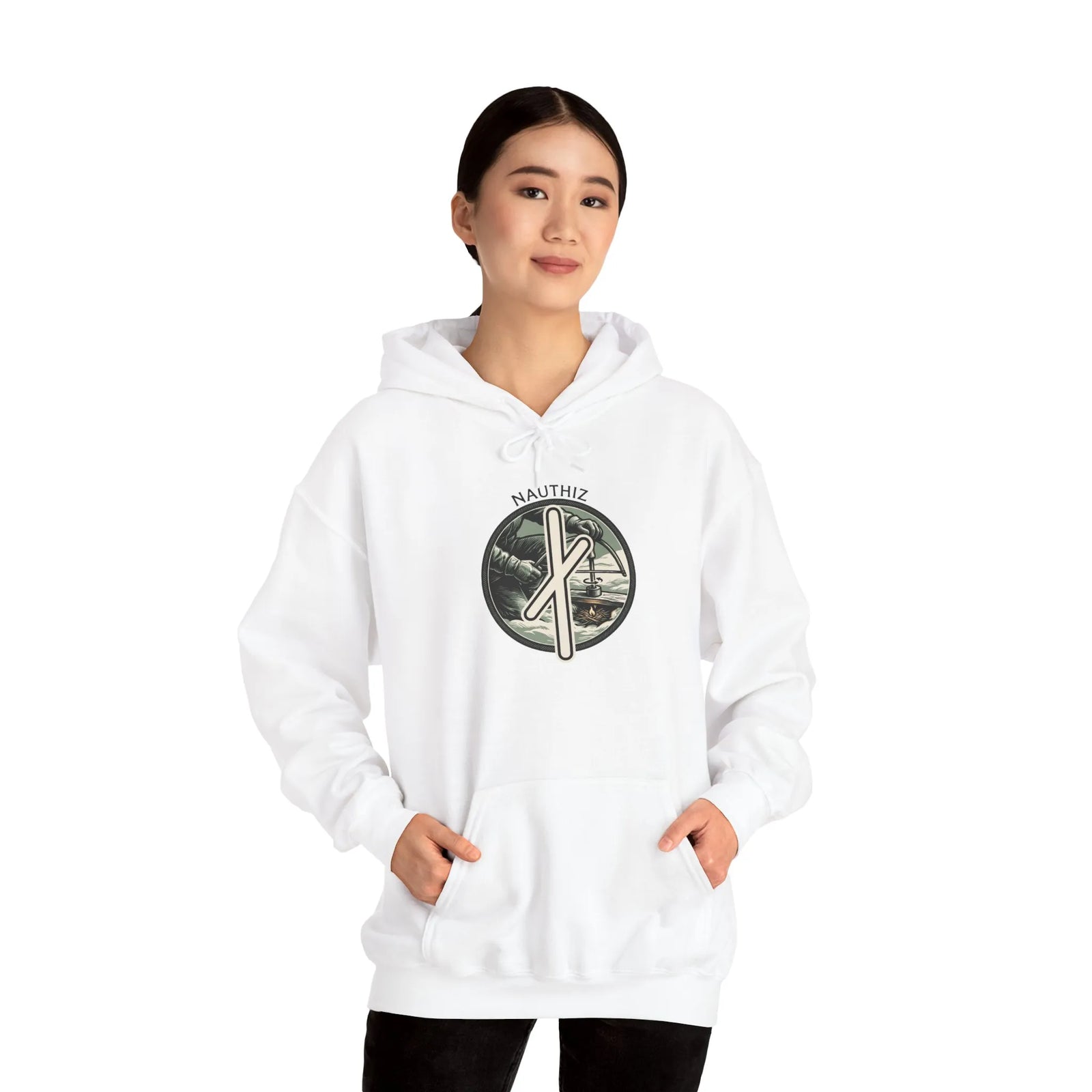 Nauthiz Rune Necessity Graphic Hoodie - Soft Cotton-Poly Fleece Pullover - Unisex White