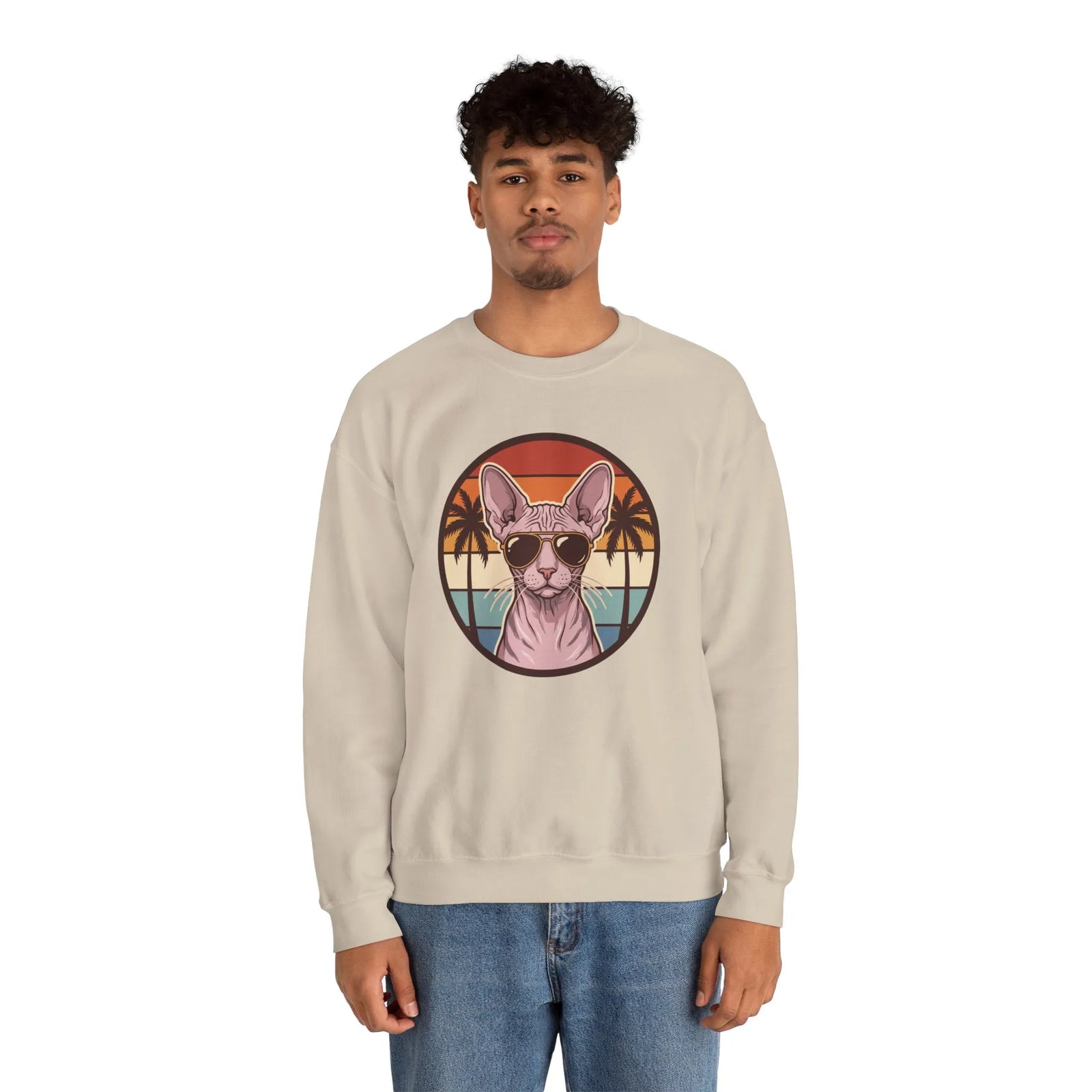 Sphynx Cat 70s Sunset Aviator Sweatshirt - Heavyweight Cotton Blend Crewneck - Unisex White