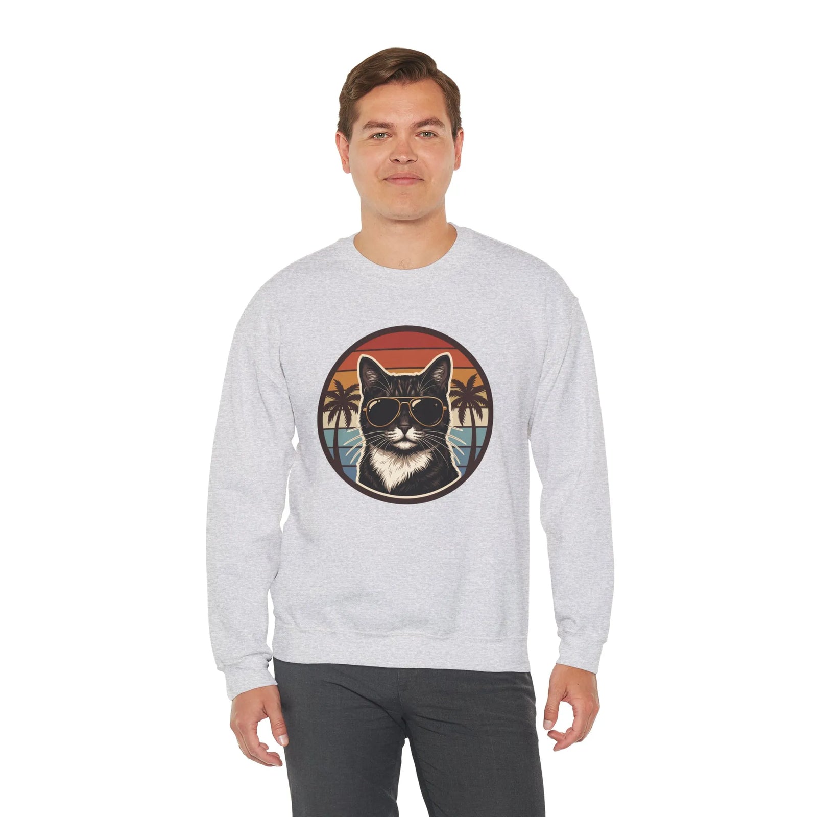 Tuxedo Cats 70s Sunset Sweatshirt - Heavy Blend Fleece Crewneck - Unisex White