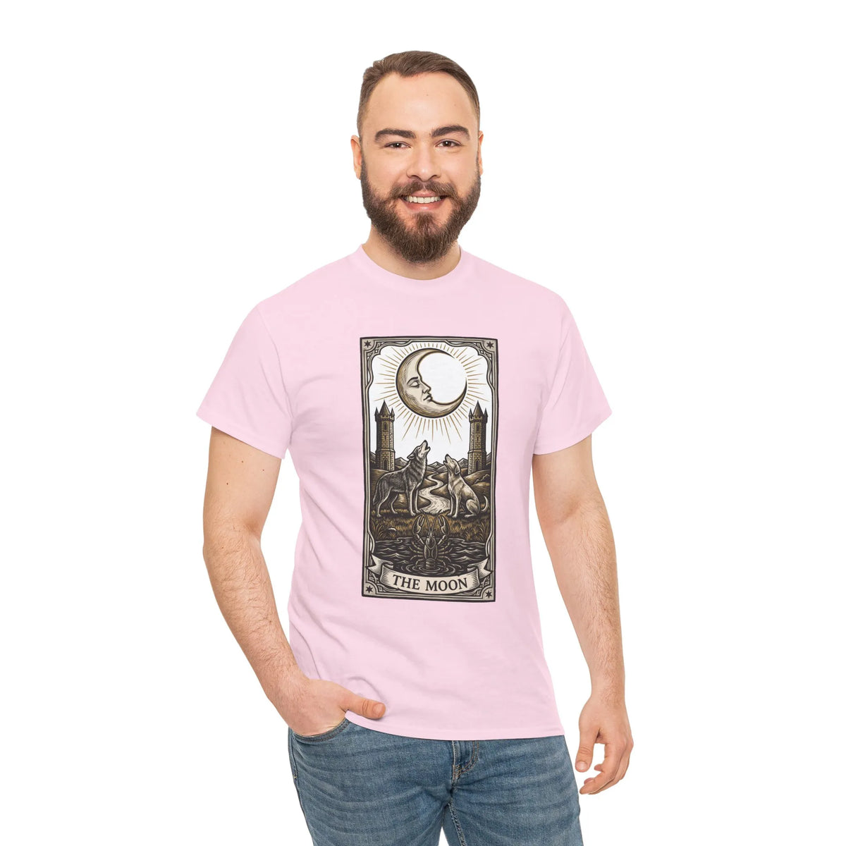 Moonlight Wolves Tarot Graphic T-Shirt - Heavy Cotton Classic Fit Crewneck - Unisex White
