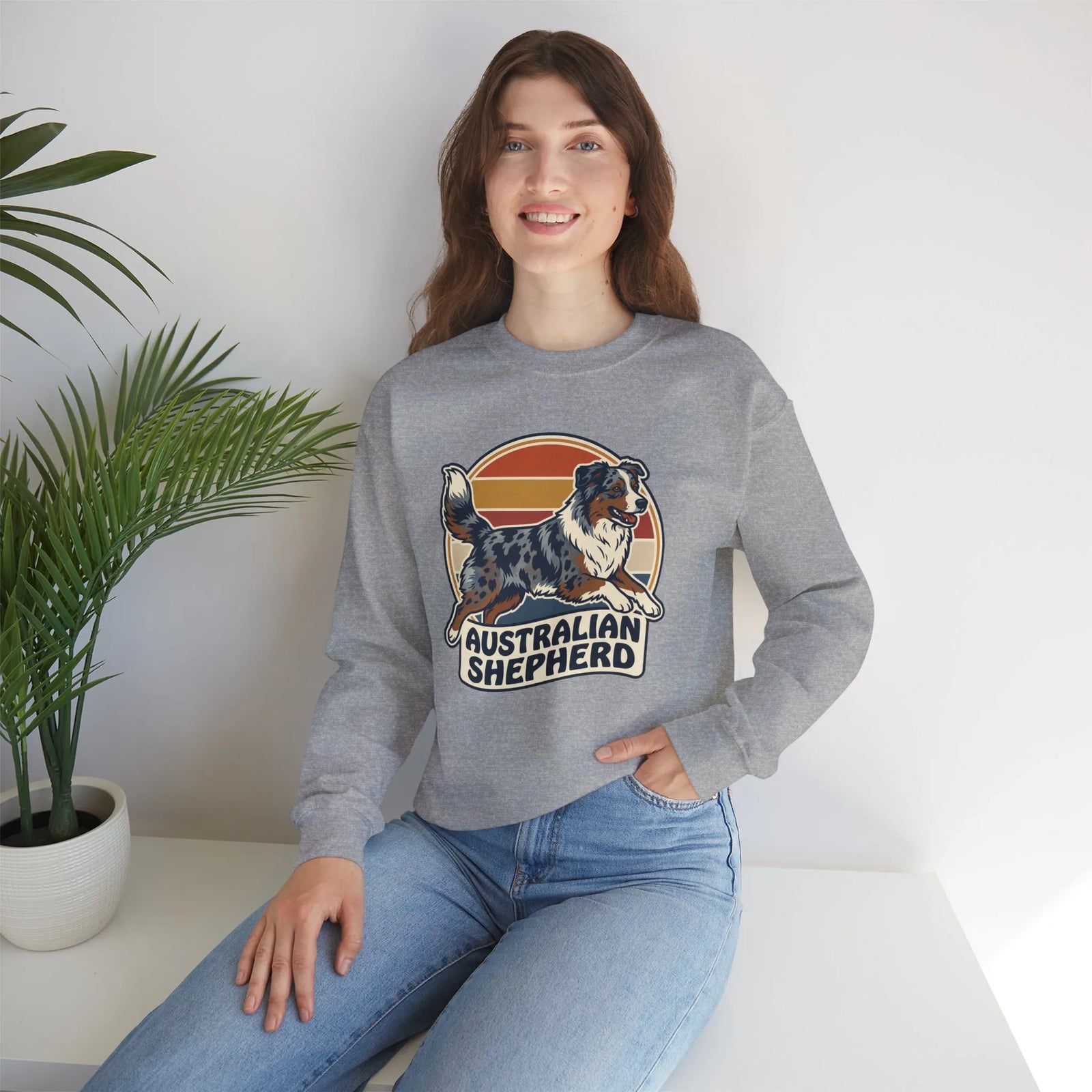 Australian Shepherd Retro 70s Sunset Sweatshirt - Heavy Blend Cotton Poly Crewneck - Unisex White