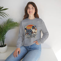 Australian Shepherd Retro 70s Sunset Sweatshirt - Heavy Blend Cotton Poly Crewneck - Unisex White