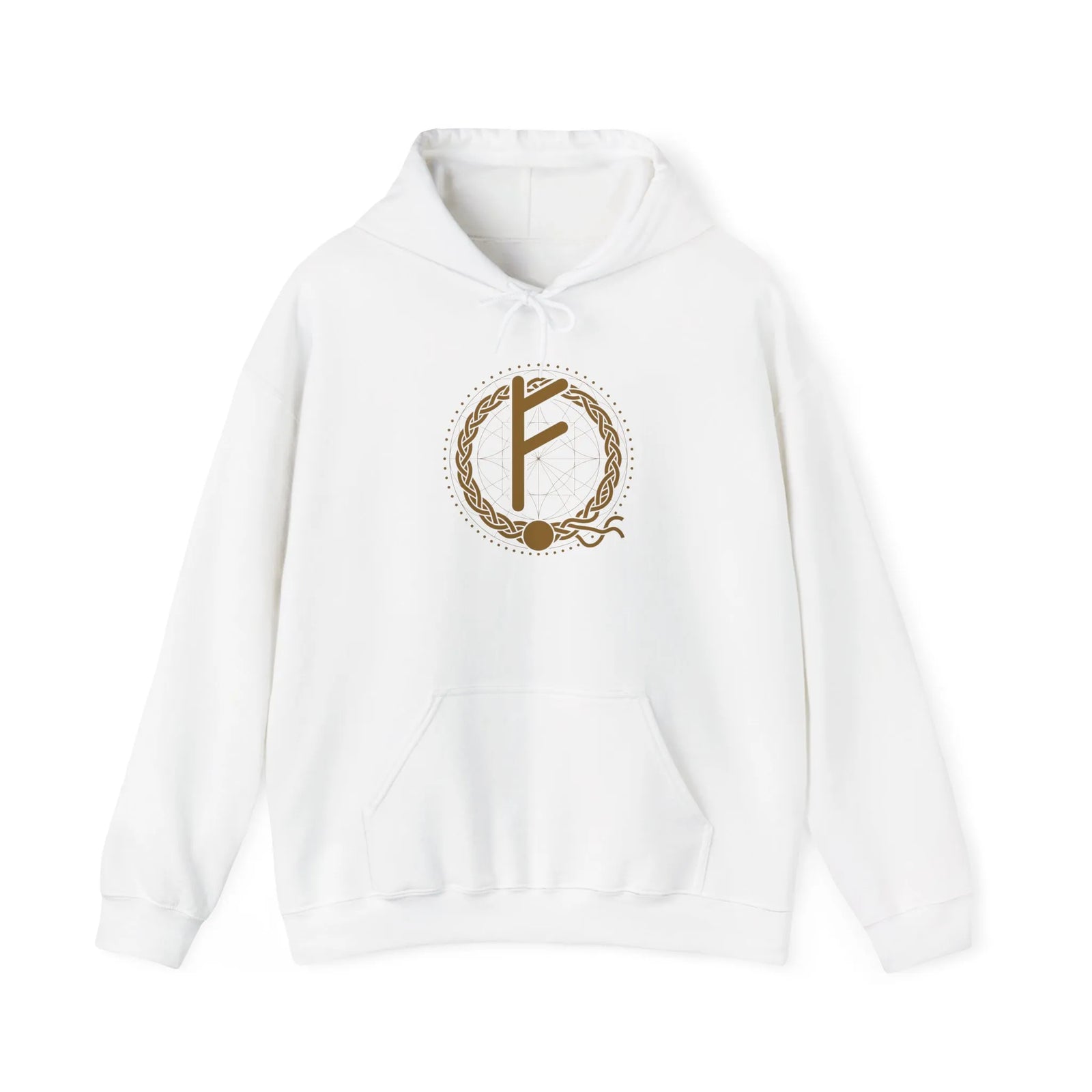 Fehu Rune Wealth Symbol Hoodie - Soft Cotton Poly Fleece Pullover - Unisex White