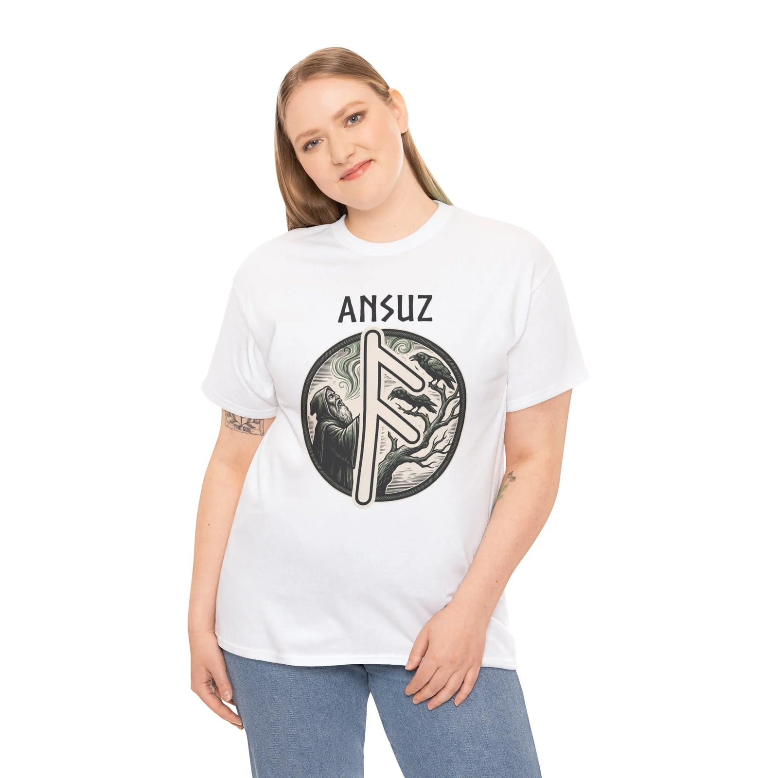 Ansuz Rune Divine Speech Graphic T-Shirt - Heavy Cotton Classic Fit Tee - Unisex White