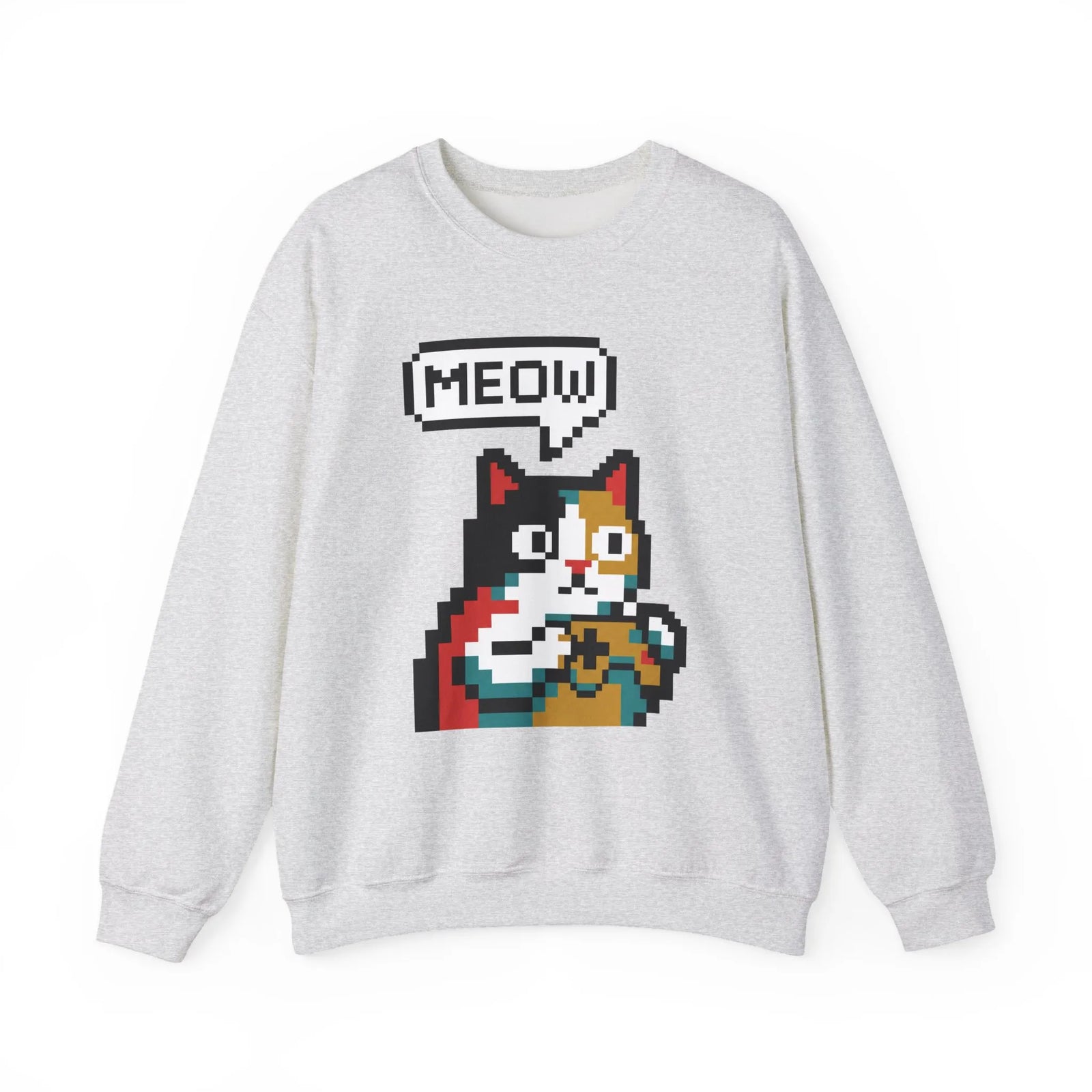 8-Bit Pixel Gaming Cat Sweatshirt - Heavy Blend Crewneck Classic Fit - Unisex White