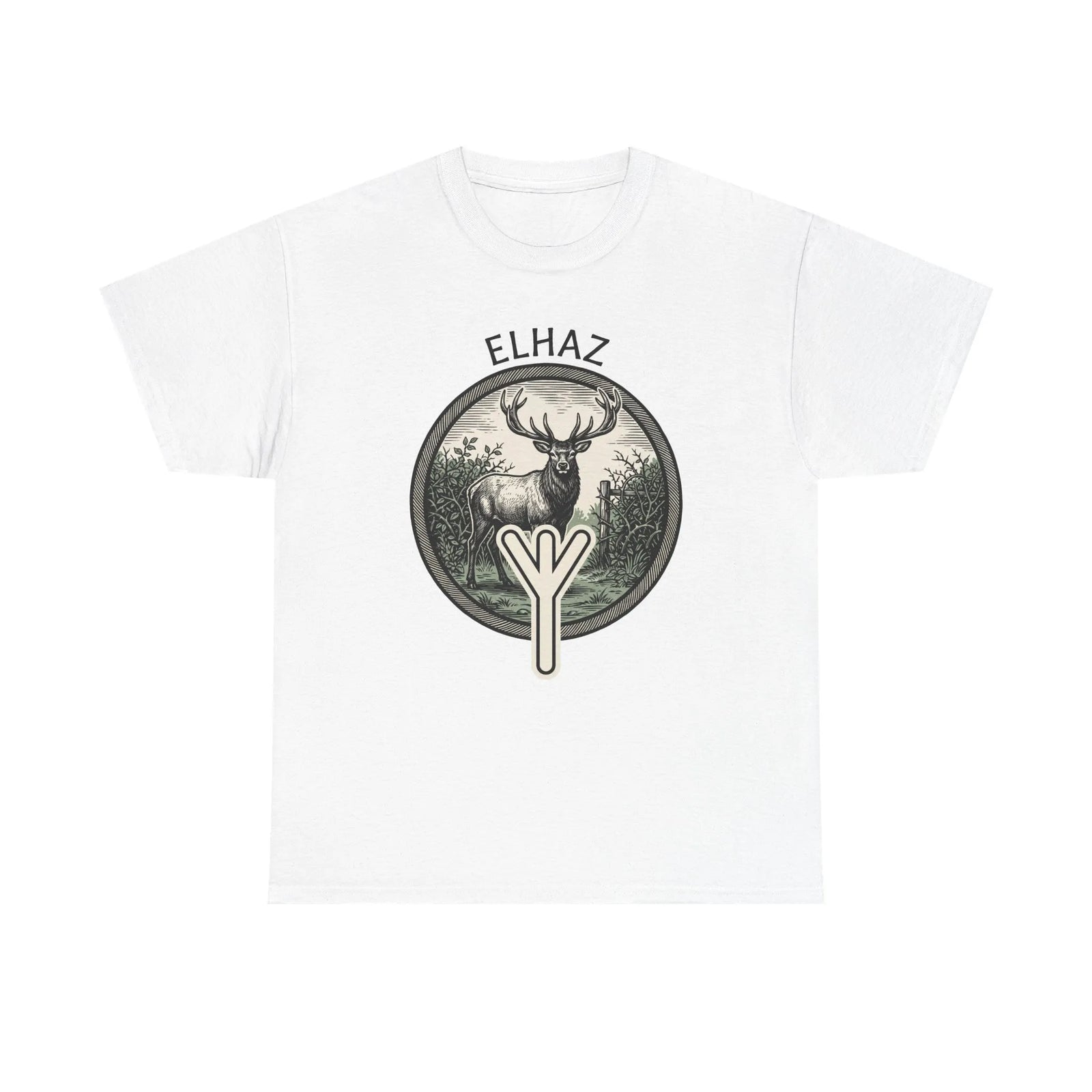 Elhaz Protection Rune Elk Graphic T-Shirt - Heavy Cotton Classic Fit Tee - Unisex White
