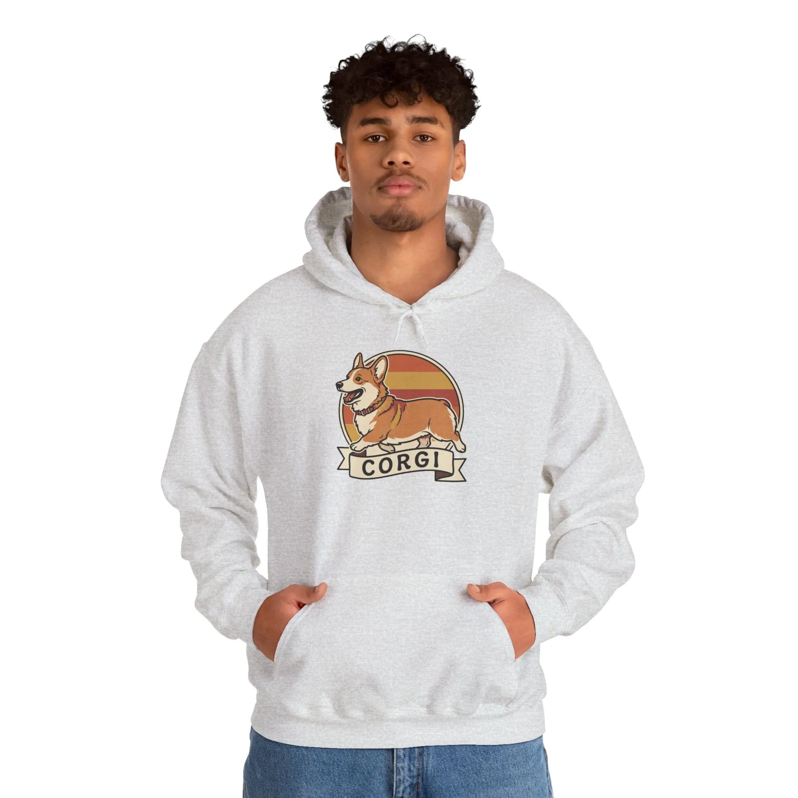 Corgi Retro 70s Sunset Graphic Hoodie - Soft Cotton-Poly Blend Pullover - Unisex White