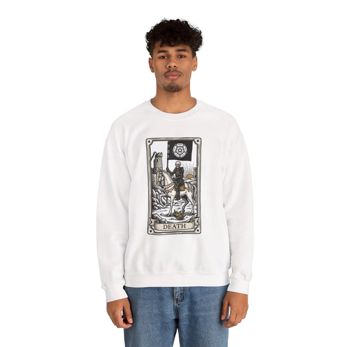 Tarot Death Card Graphic Sweatshirt - Heavy Blend Classic Fit Crewneck - Unisex White