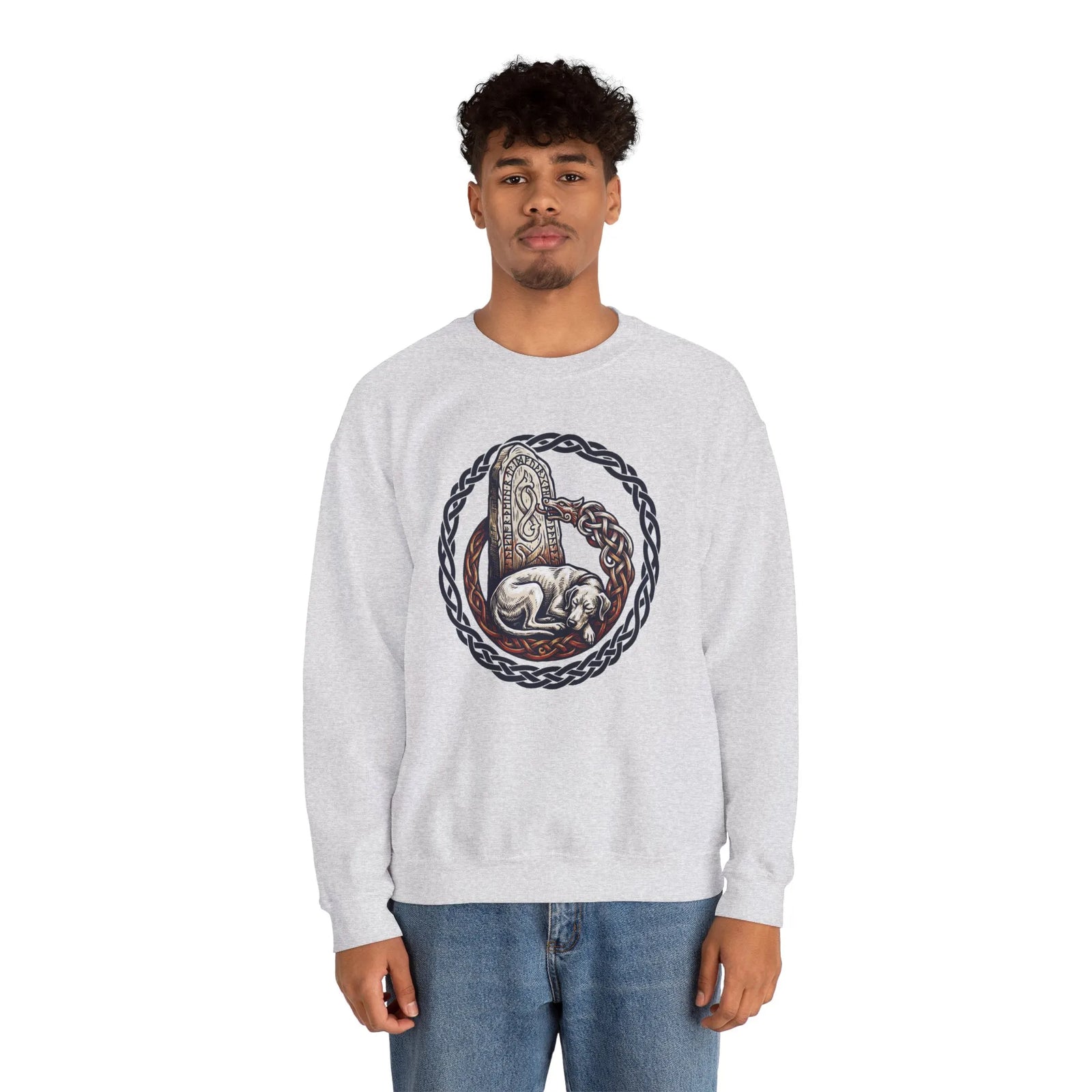 Norse Runestone Hound Odin's Wolves Sweatshirt - Medium-Heavy Cotton Blend Crewneck - Unisex White