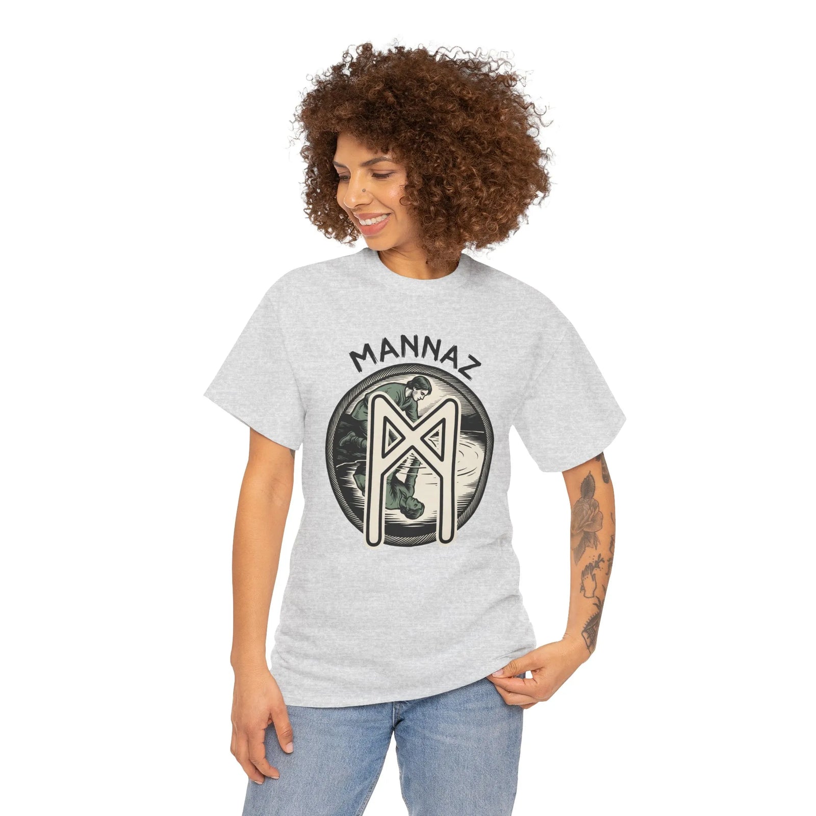 Mannaz Rune Reflection Graphic T-Shirt - Heavy Cotton Classic Fit Tee - Unisex White
