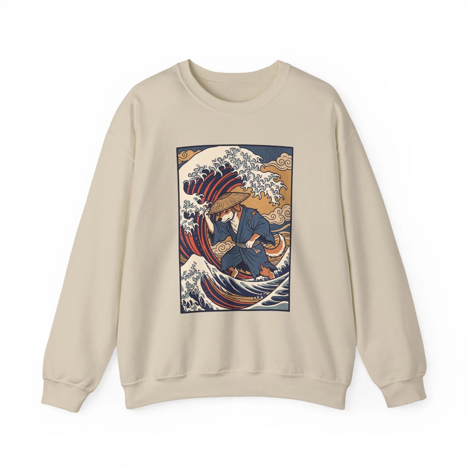 Ronin Wave Ukiyo-e Samurai Dog Sweatshirt - Heavyweight Cotton Blend Crewneck - Unisex White
