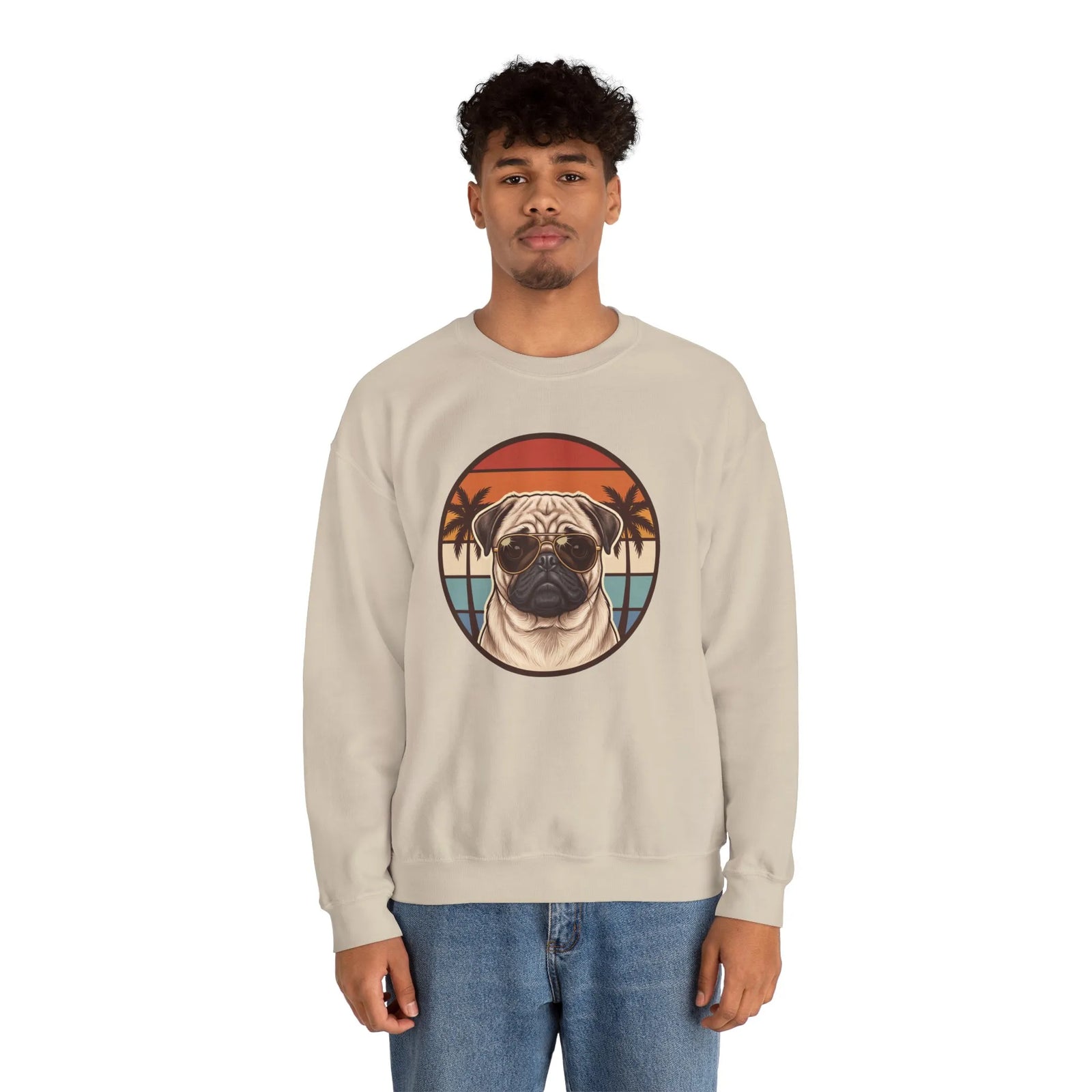 Pug Aviator Dog 70s Sunset Sweatshirt - Heavy Blend Fleece Crewneck - Unisex White