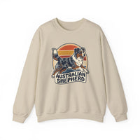 Australian Shepherd Retro 70s Sunset Sweatshirt - Heavy Blend Cotton Poly Crewneck - Unisex White