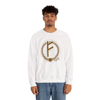 Fehu Rune Wealth Symbol Sweatshirt - Heavy Blend Fleece Crewneck - Unisex White