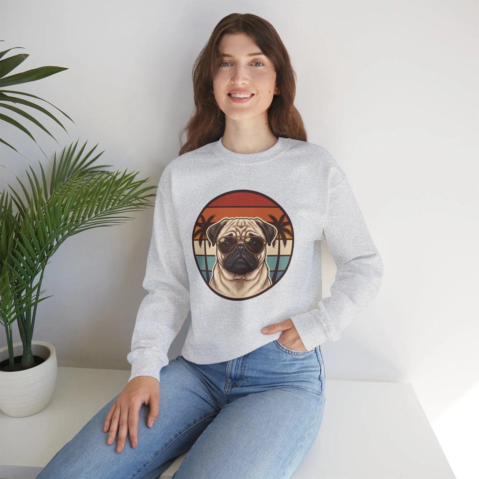Pug Aviator Dog 70s Sunset Sweatshirt - Heavy Blend Fleece Crewneck - Unisex White