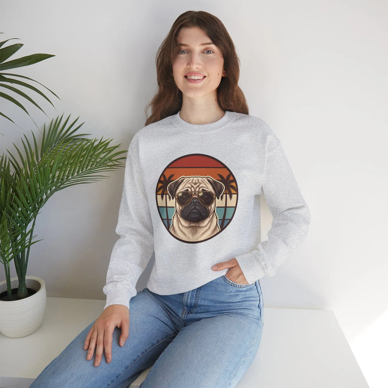 Pug Aviator Dog 70s Sunset Sweatshirt - Heavy Blend Fleece Crewneck - Unisex White