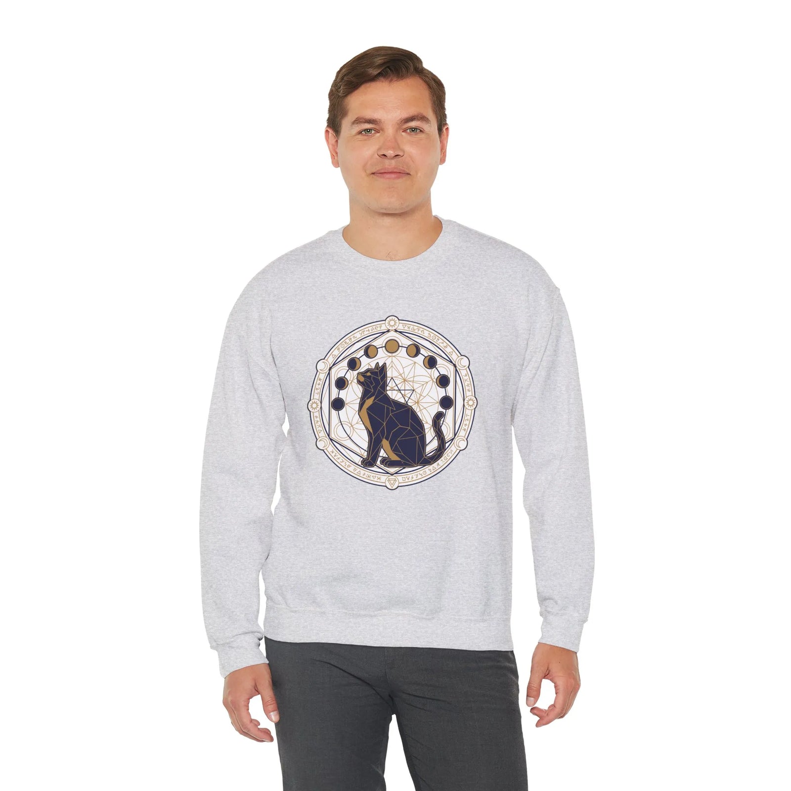 Moon Phases Sacred Geometry Cat Sweatshirt - Heavy Blend Cotton Polyester Crewneck - Unisex White