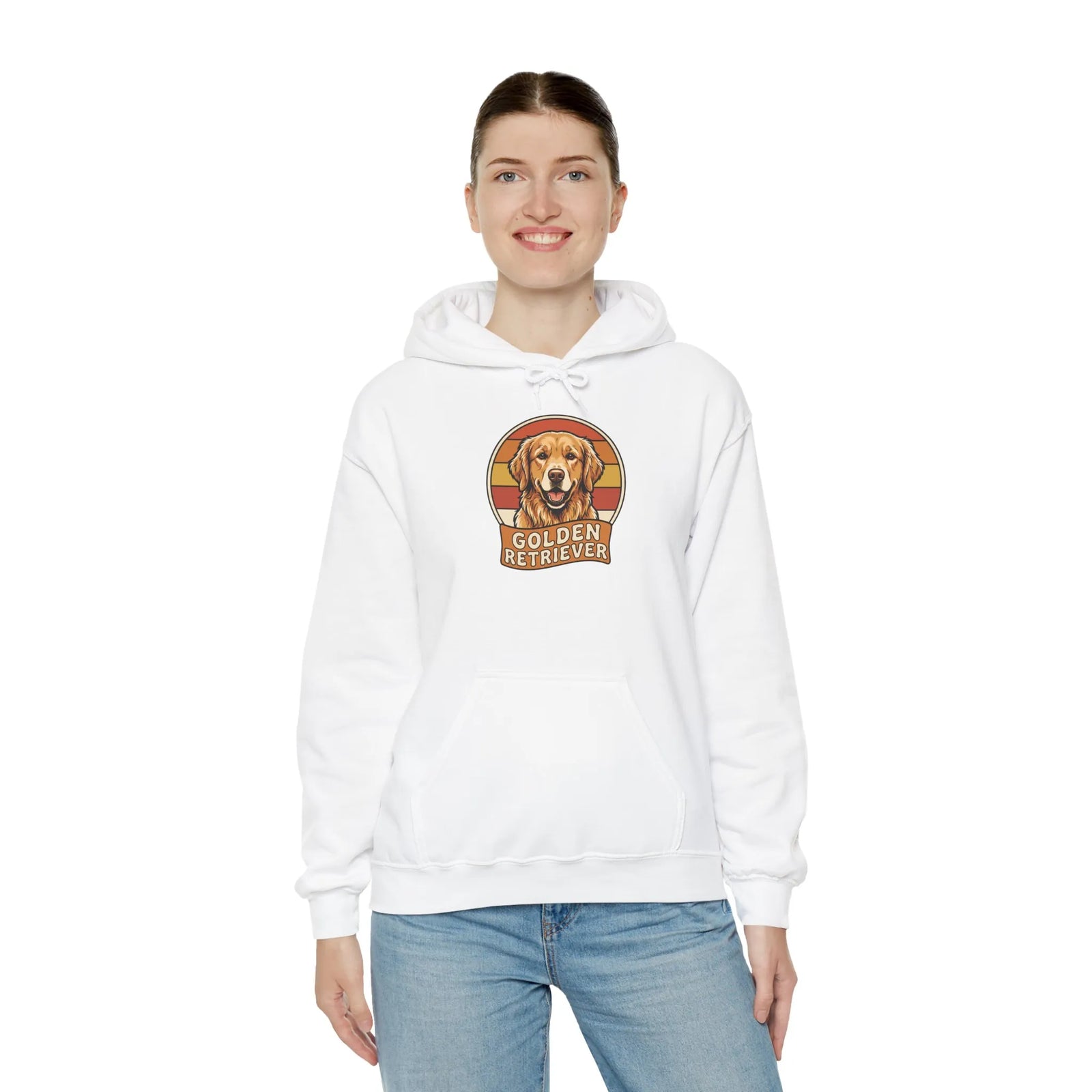 Golden Retriever Retro 70s Sunset Hoodie - Heavy Blend Fleece Pullover - Unisex White