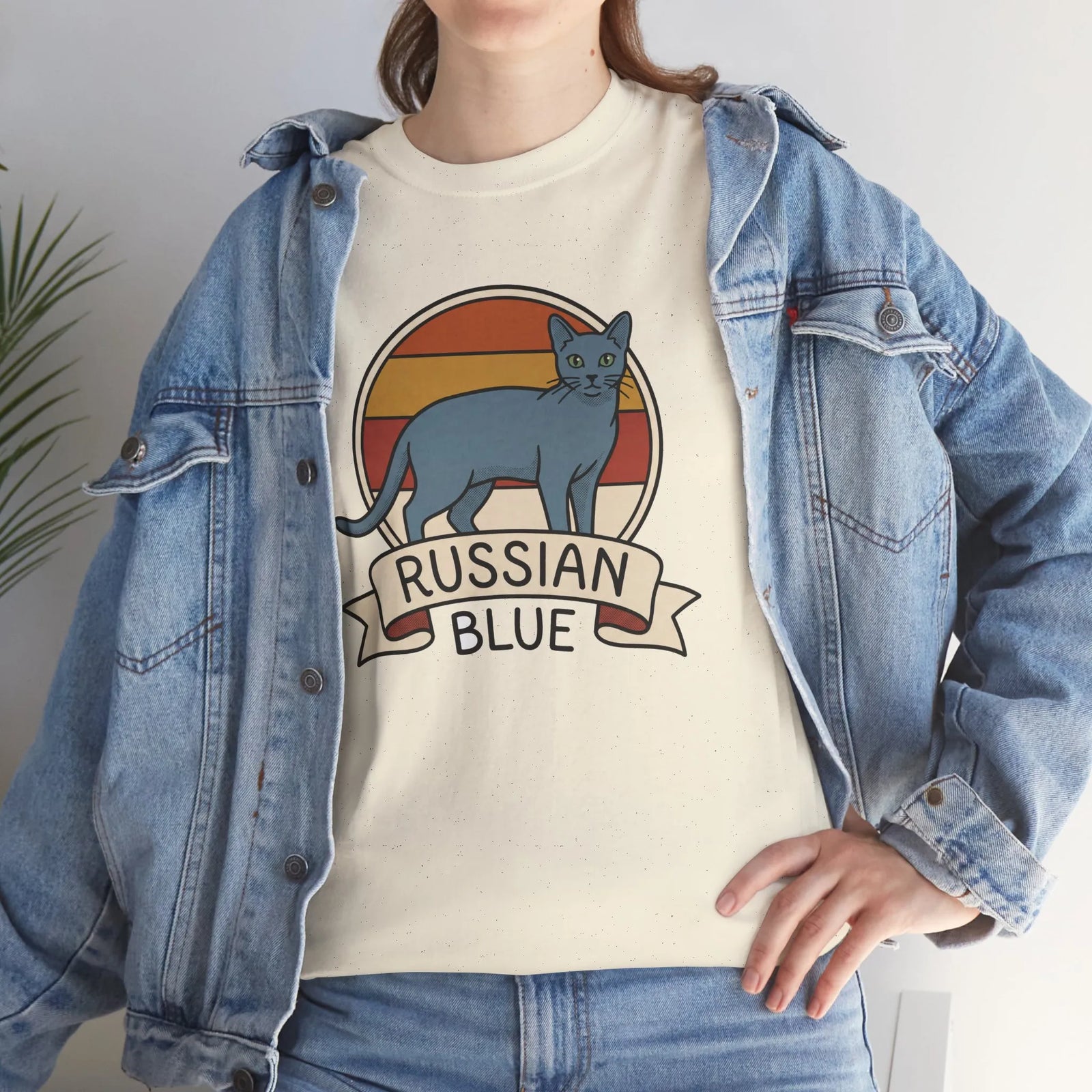 Russian Blue Retro 70s Sunset T-Shirt - Heavy Cotton Classic Fit Tee - Unisex White
