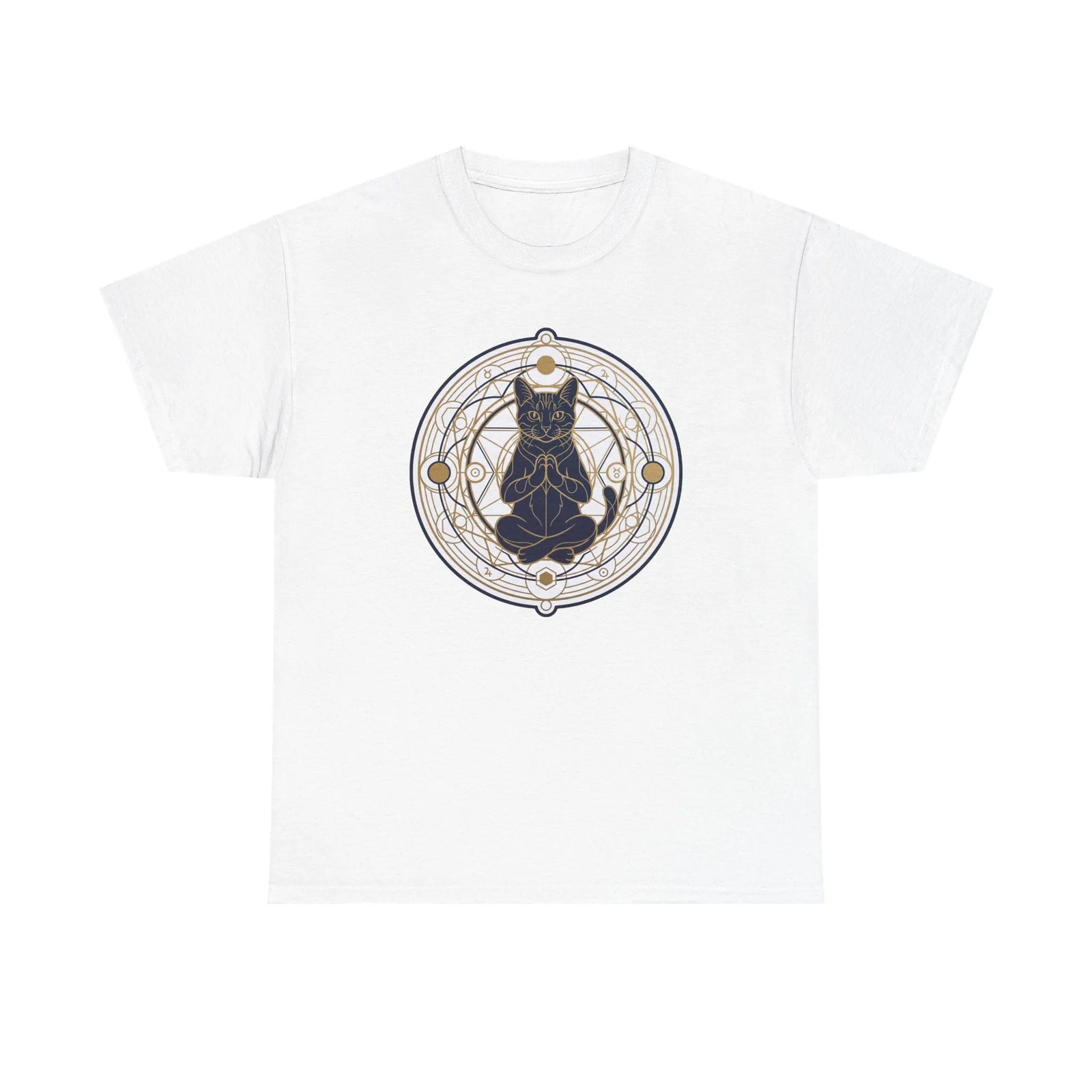 Meditating Cat Sacred Geometry Alchemist T-Shirt - Heavy Cotton Classic Fit Tee - Unisex White