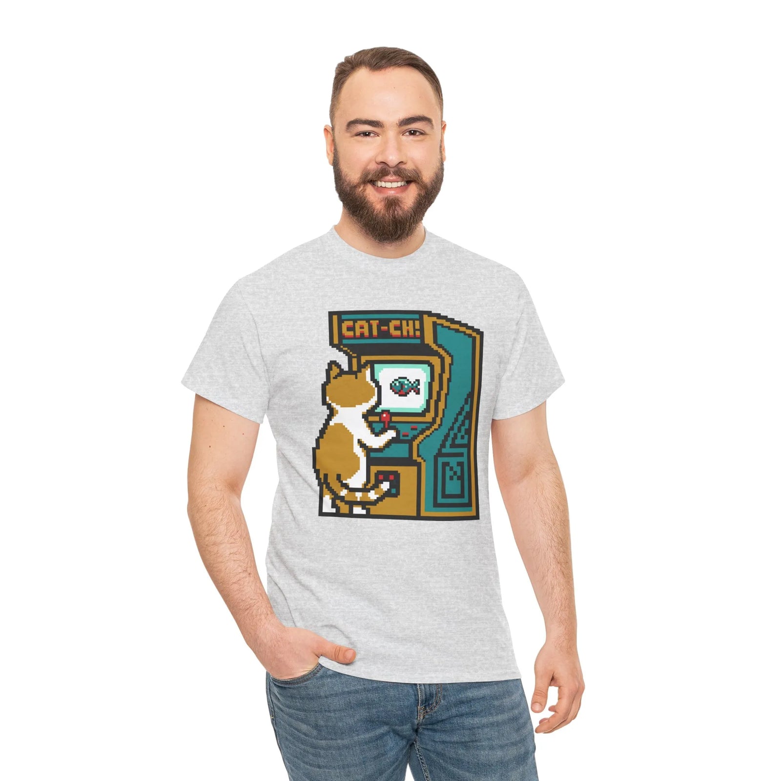8-Bit Pixel Gaming Cats Arcade T-Shirt - Heavy Cotton Classic Fit Tee - Unisex White
