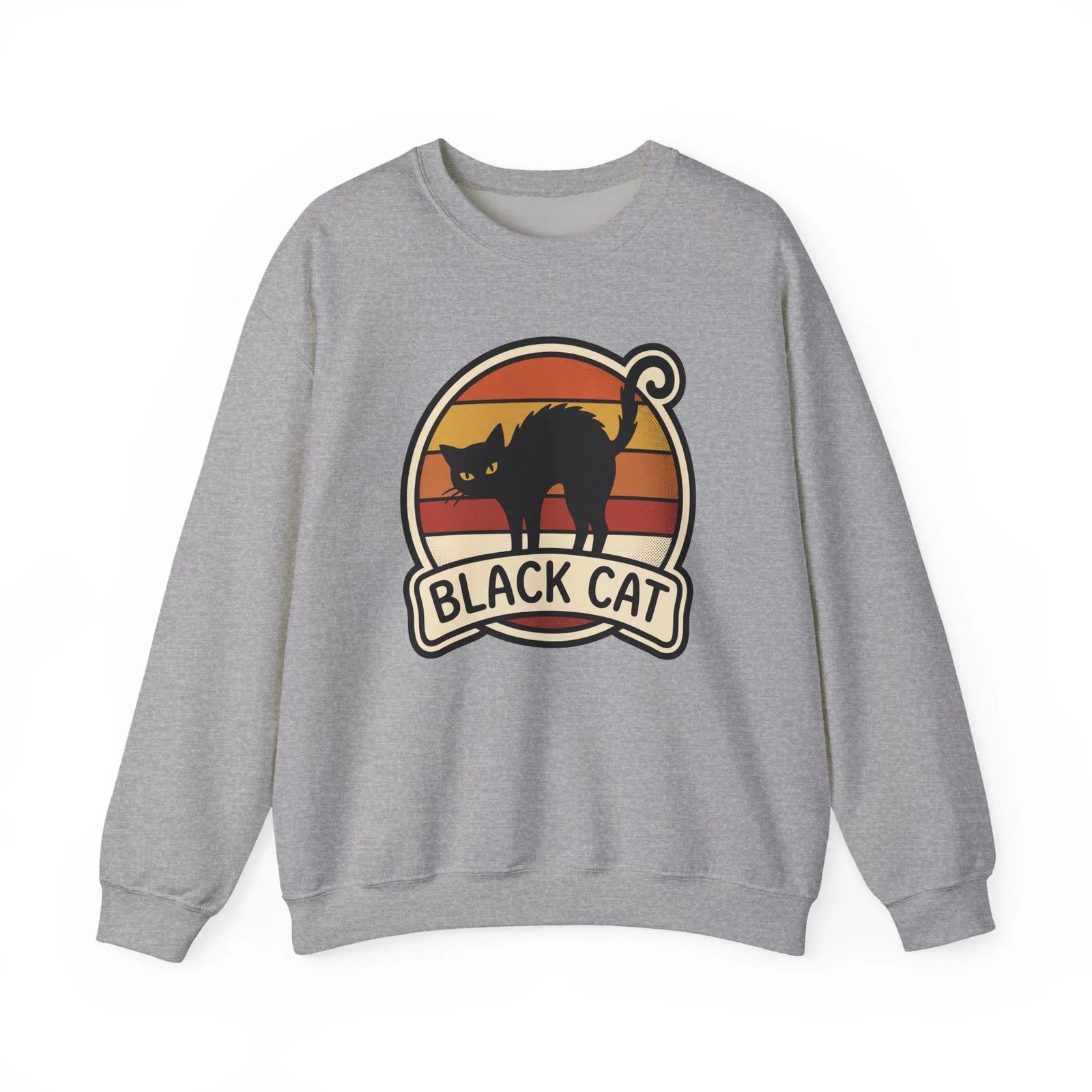 Black Cat Retro Sunset Sweatshirt - Heavy Blend Crewneck Fleece - Unisex White