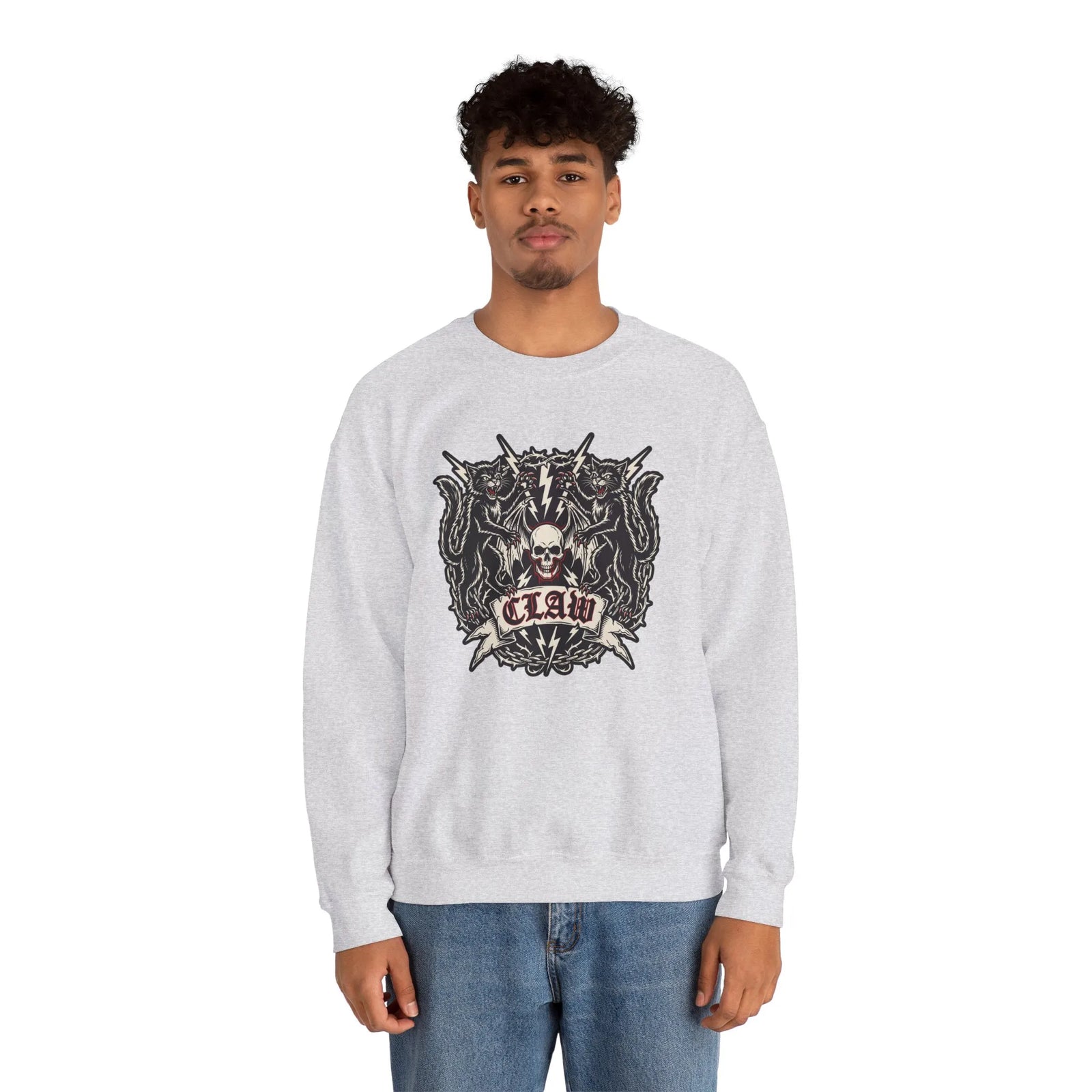 Rocker Cats Band Crest Sweatshirt - Heavy Blend Cotton-Poly Crewneck - Unisex White