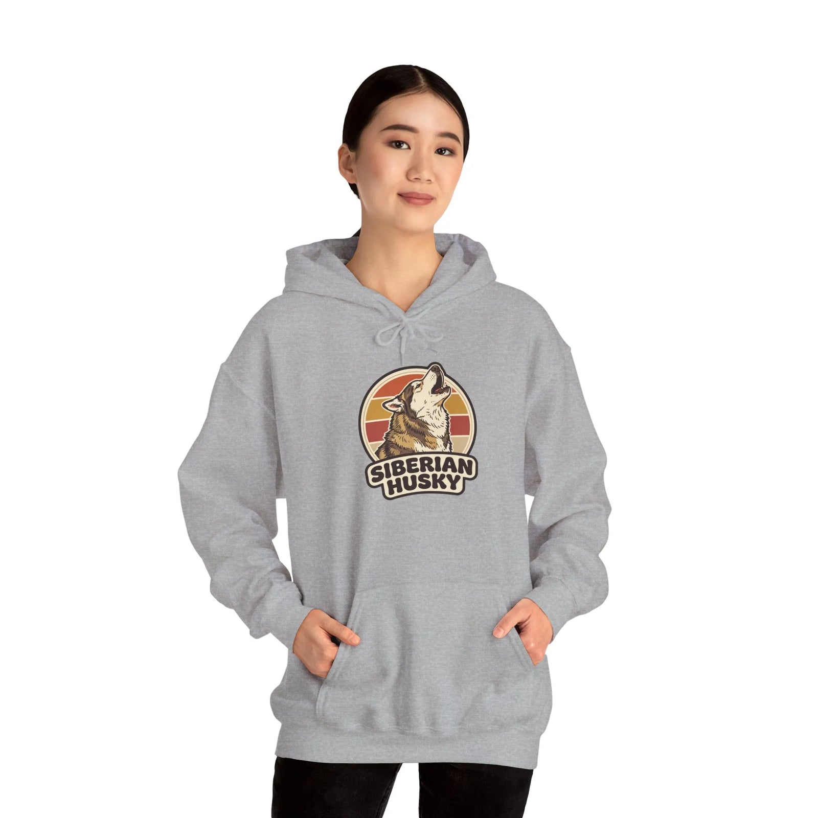 Siberian Husky Retro 70s Sunset Hoodie - Medium-Heavy Fleece Pullover - Unisex Ash