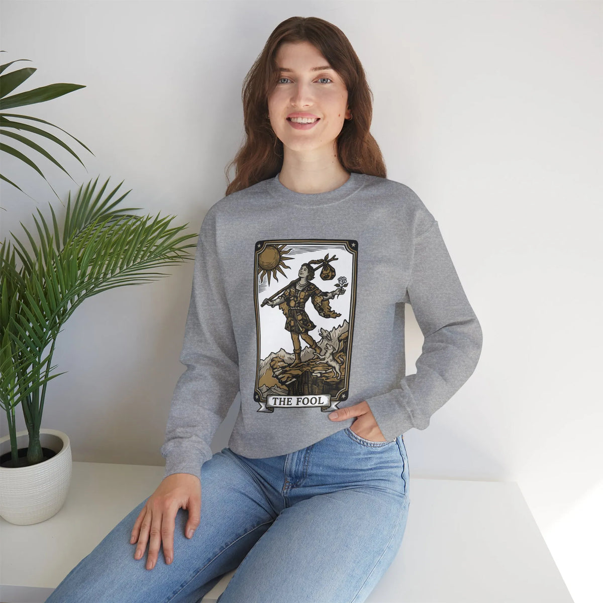 The Fool Tarot Card Graphic Sweatshirt - Heavy Blend Crewneck Fleece - Unisex White