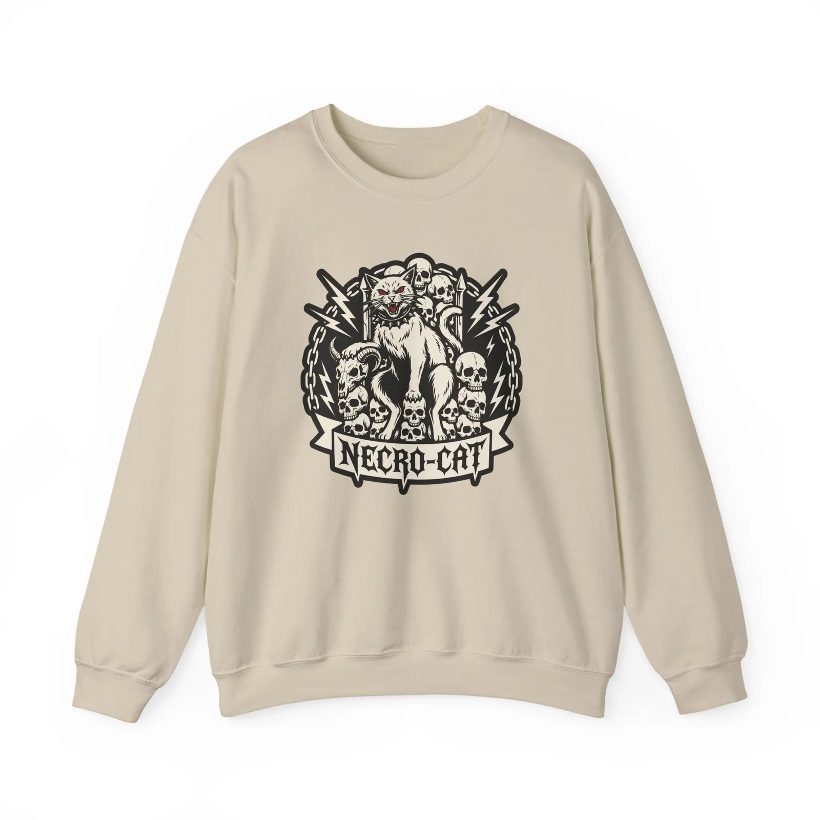 Skull Throne Heavy Metal Cats Sweatshirt - Heavy Blend Fleece Crewneck - Unisex White