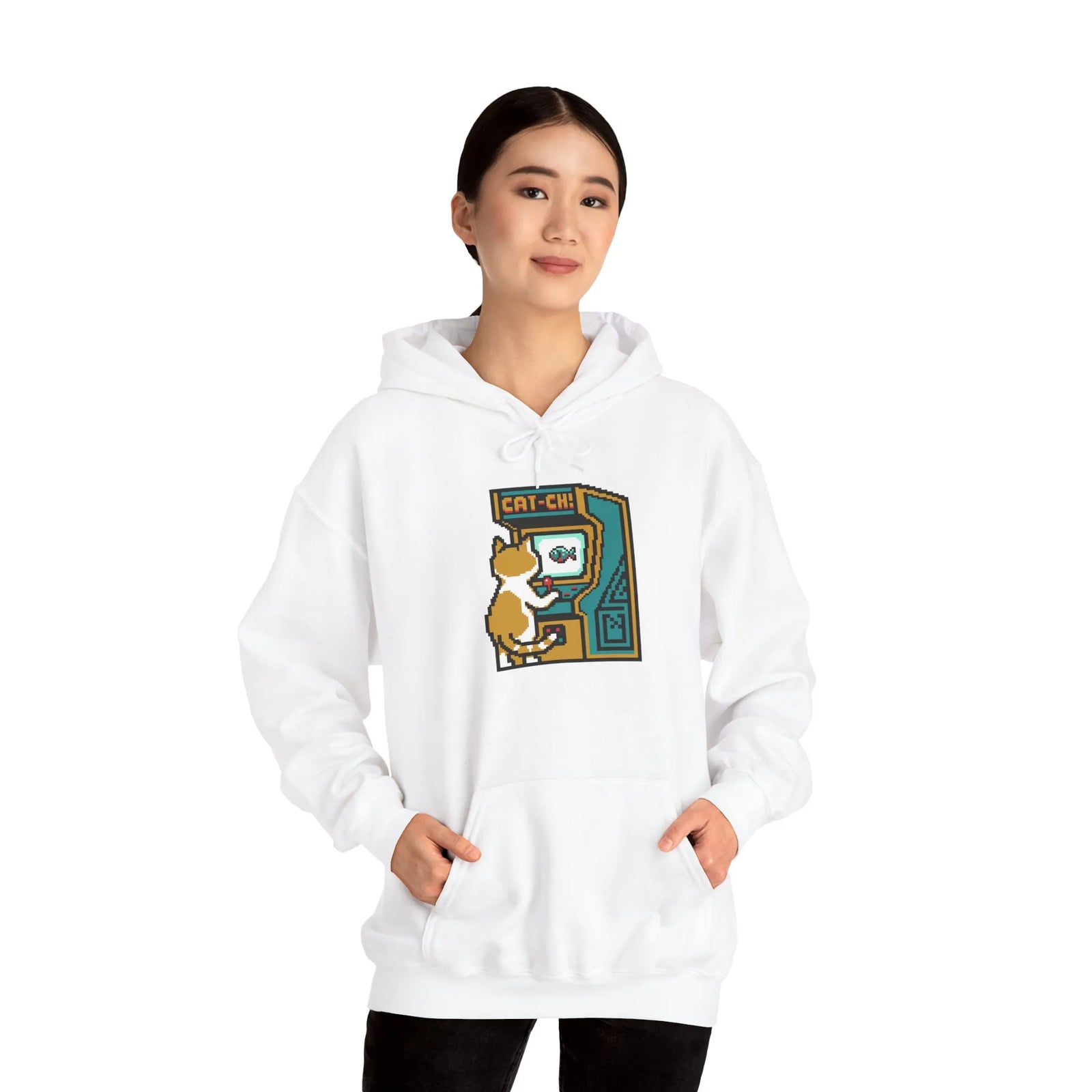 Arcade Gaming Pixel Cat Hoodie - Classic Fit Cotton Blend Pullover - Unisex White