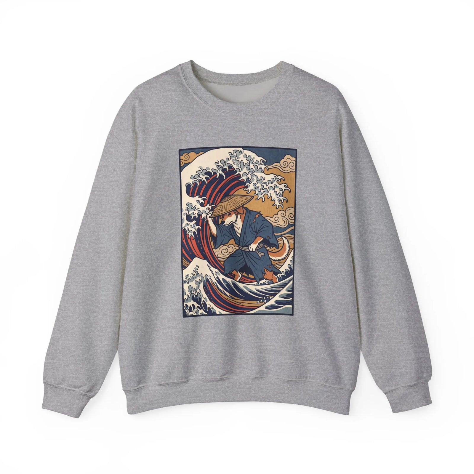Ronin Wave Ukiyo-e Samurai Dog Sweatshirt - Heavyweight Cotton Blend Crewneck - Unisex White